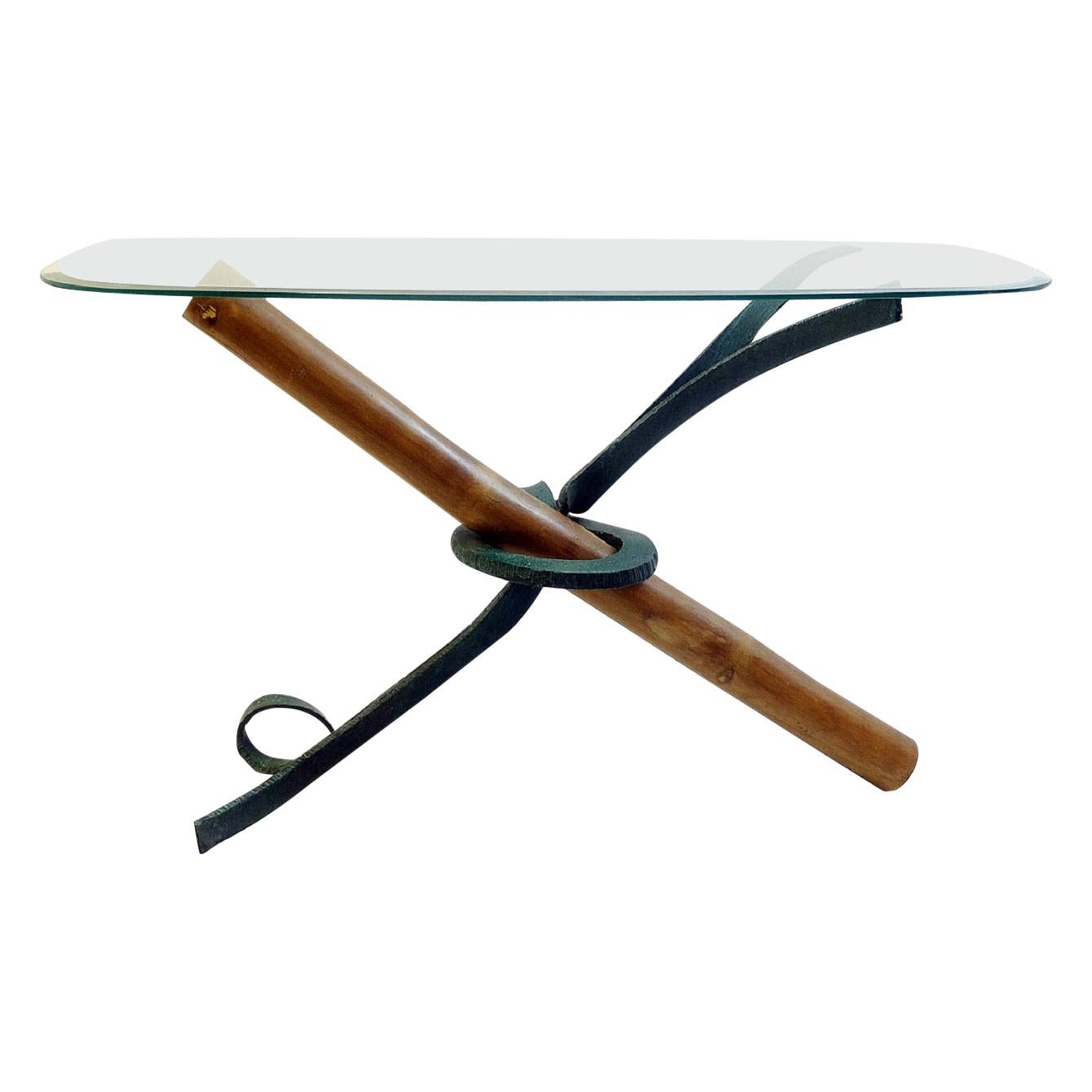Bamboo and Wrought Iron Console, Oval Glass Top