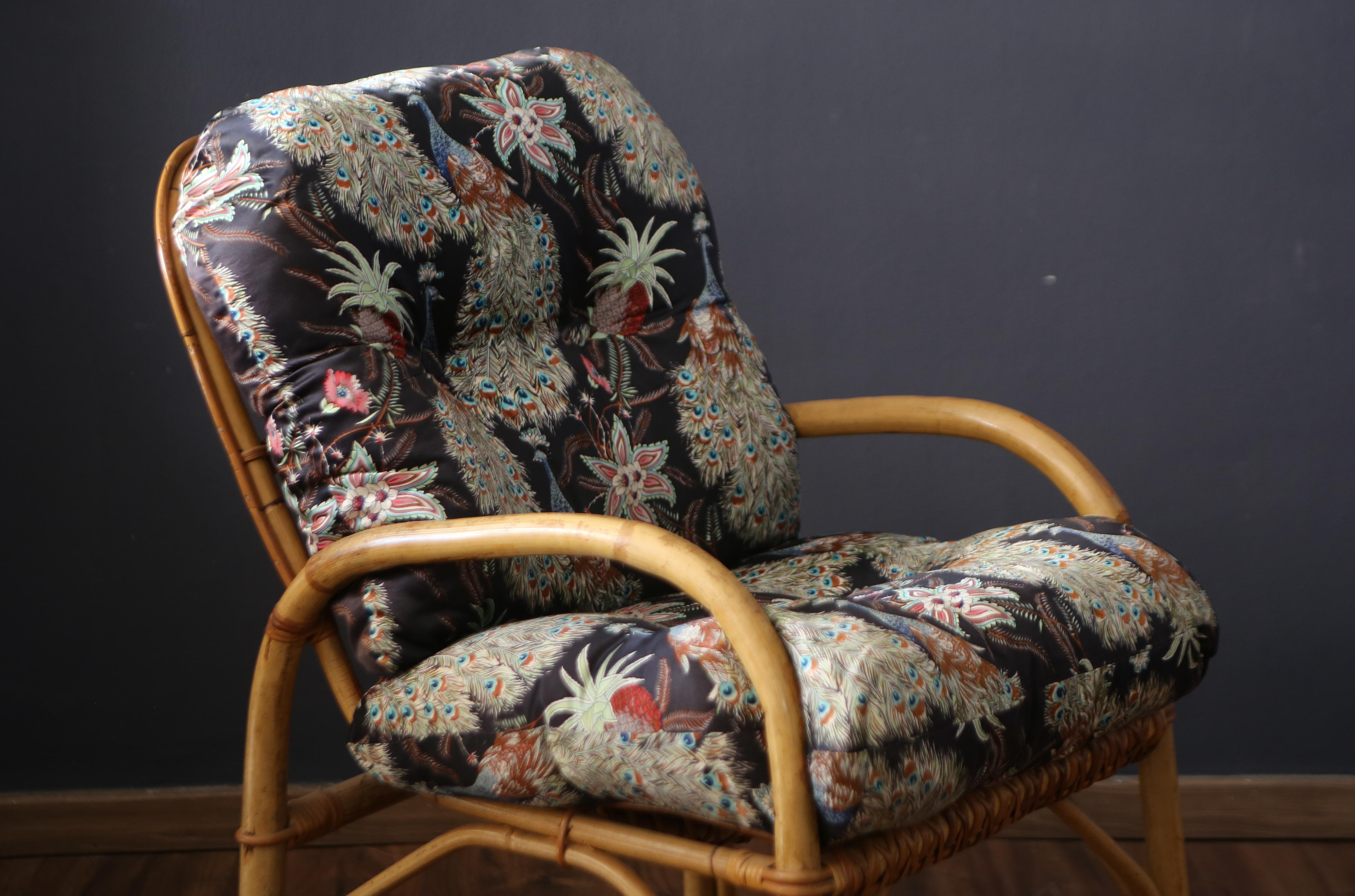 Bamboo armchair with silk cushions from the 1970s, made in Italy
