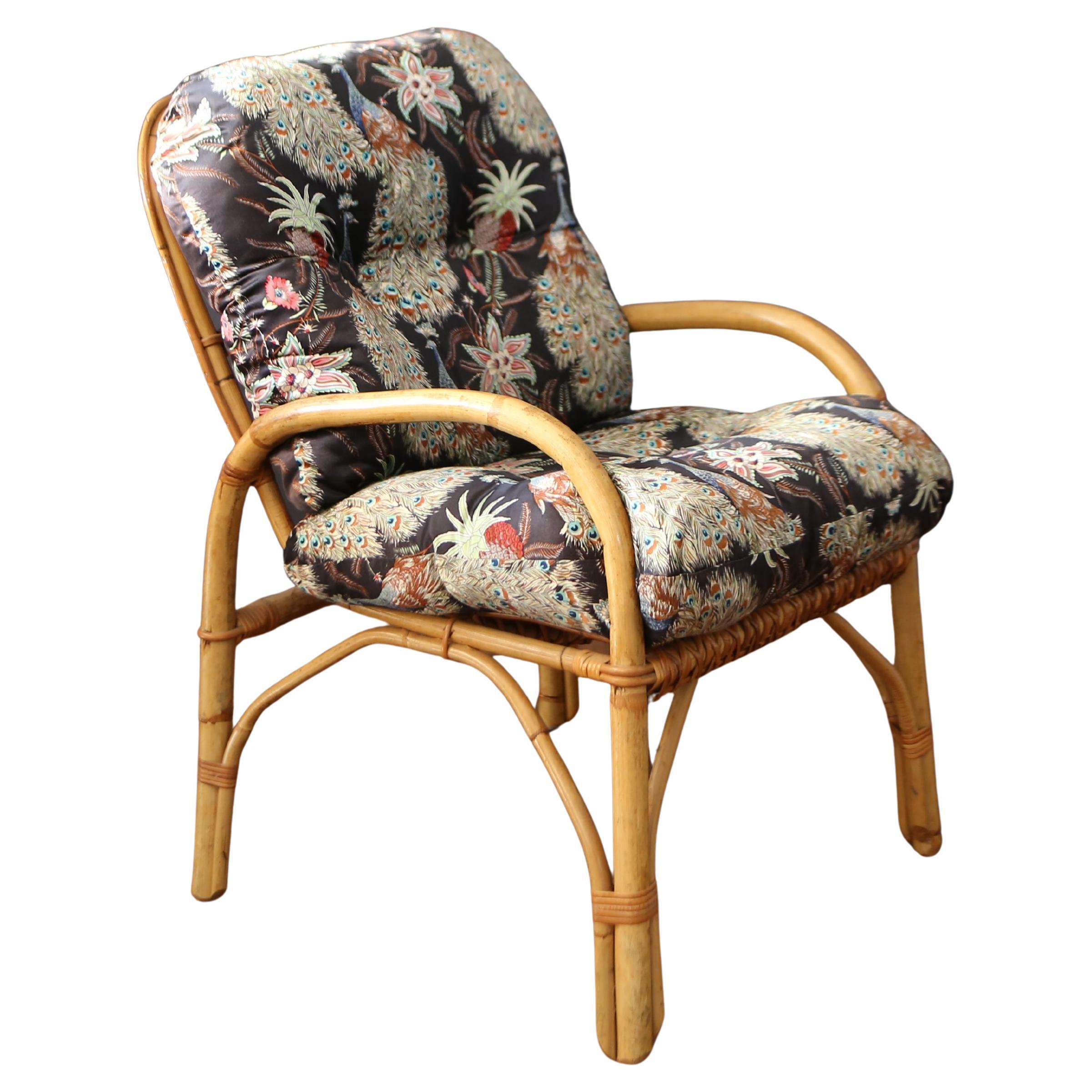 Bamboo armchair with silk cushions from the 1970s made in Italy For Sale