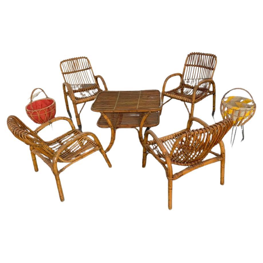 Bamboo Armchairs & Coffee Table, 1960s, Set of 5 For Sale