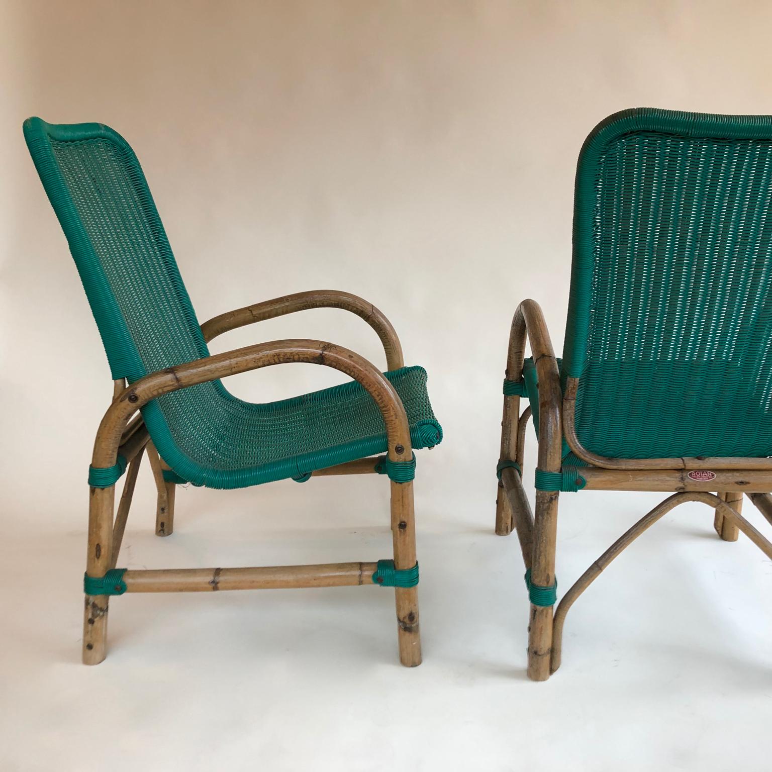 Mid-Century Modern Bamboo Armchairs with Green Seats, circa 1960s, a Pair by Rotan, Torino