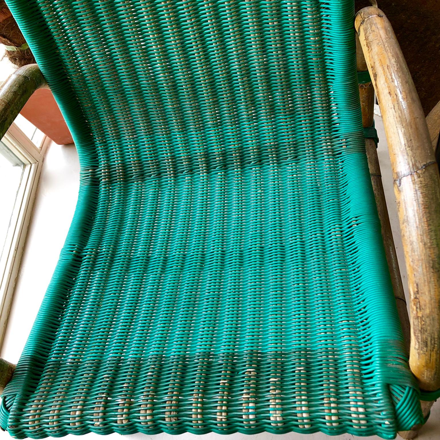 20th Century Bamboo Armchairs with Green Seats, circa 1960s, a Pair by Rotan, Torino