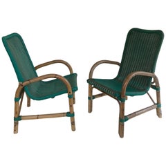 Vintage Bamboo Armchairs with Green Seats, circa 1960s, a Pair by Rotan, Torino