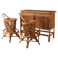bamboo bar cabinet with bamboo stools, 1970s