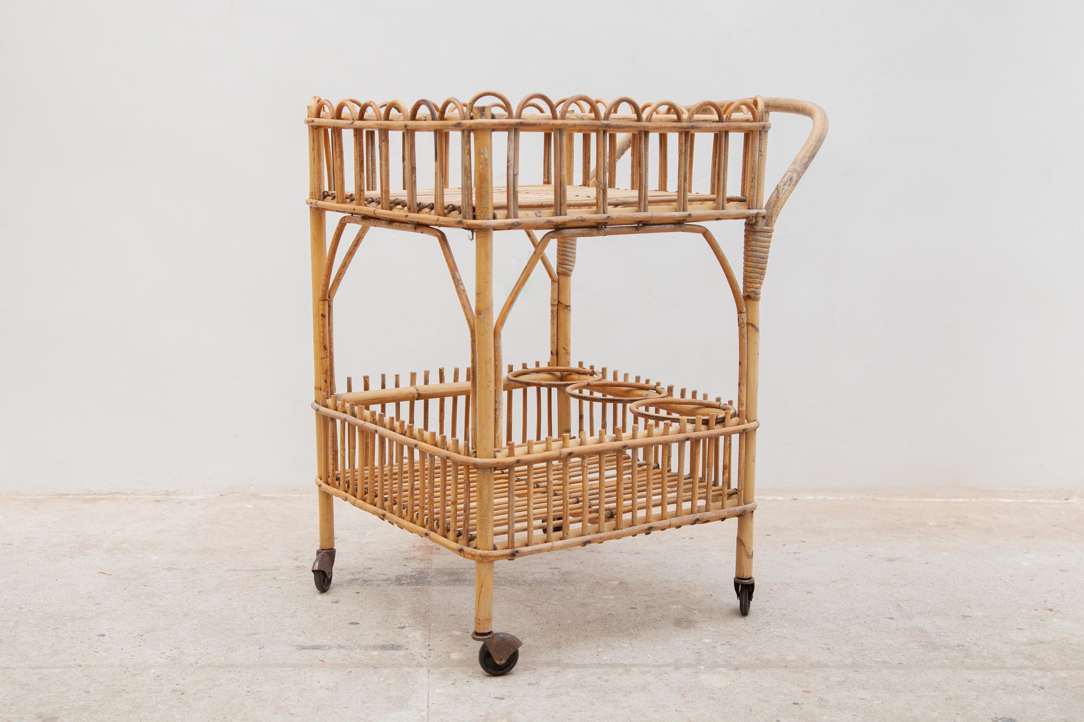 Hand-Crafted Bamboo Bar-Cart, Serving Trolley, 1950s, Italy