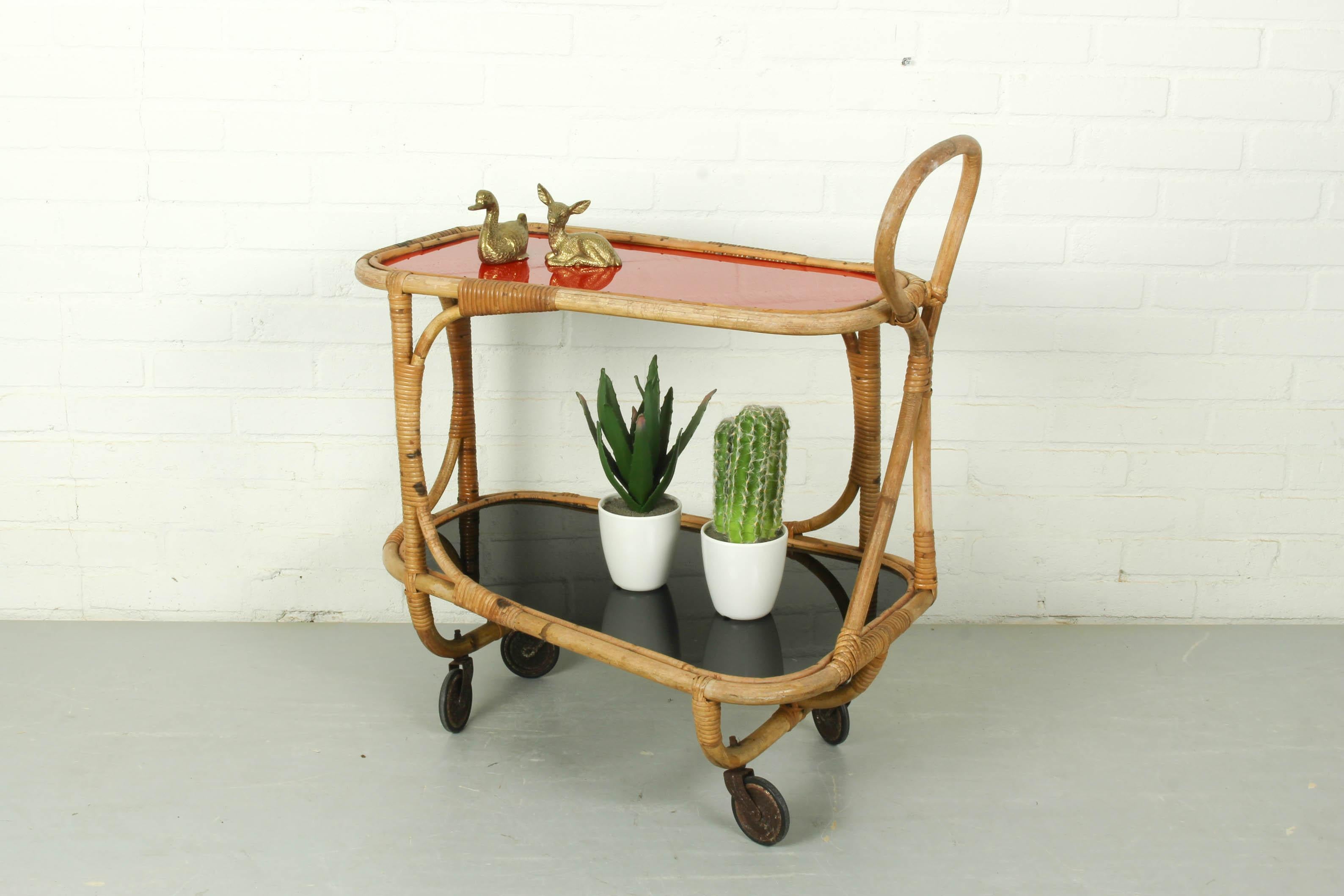 20th Century Bamboo Bar Cart Tea Trolley with Black and Red Shelf, 1940s For Sale