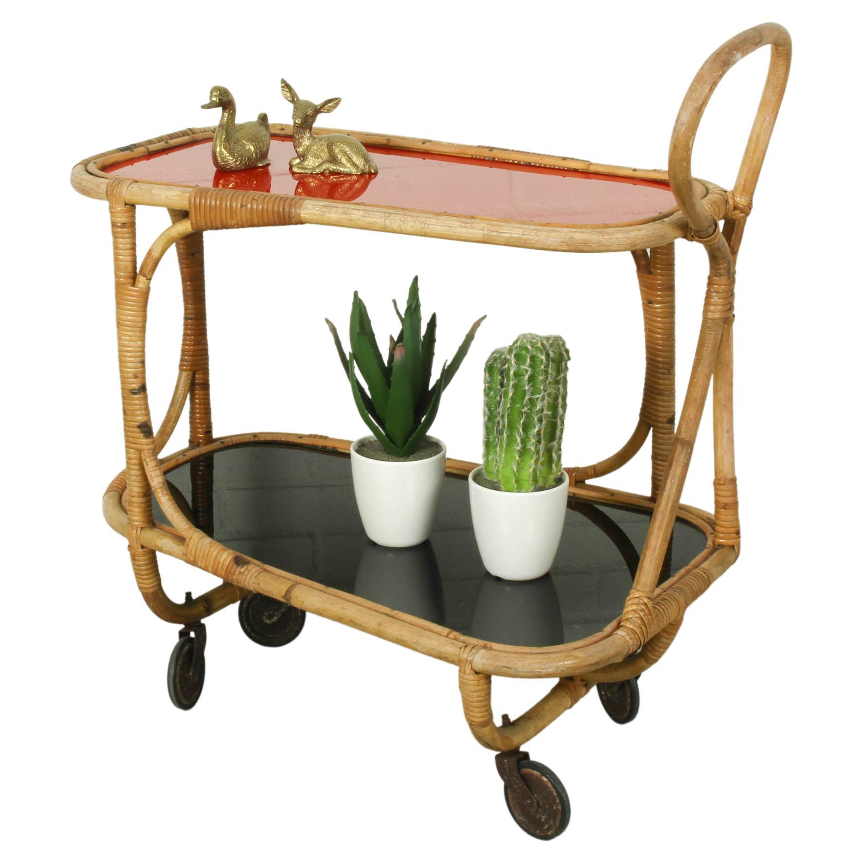 Bamboo Bar Cart Tea Trolley with Black and Red Shelf, 1940s For Sale