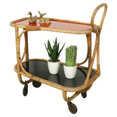 Bamboo Bar Cart Tea Trolley with Black and Red Shelf, 1940s