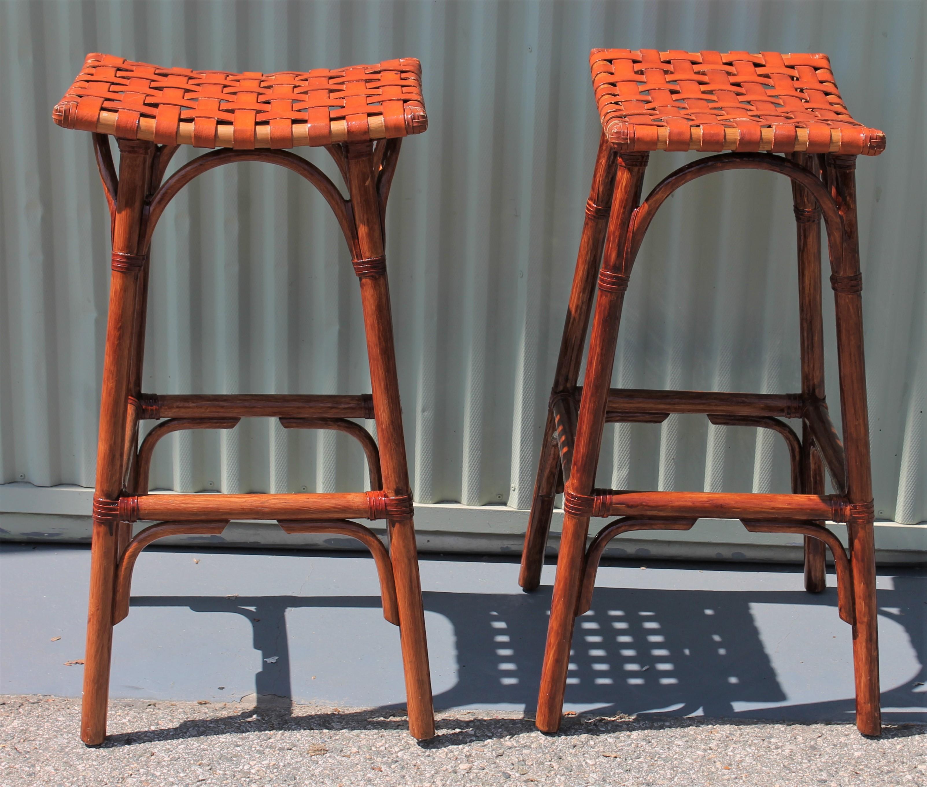 American Craftsman Bamboo Bar Stools with Leather Seats, Pair