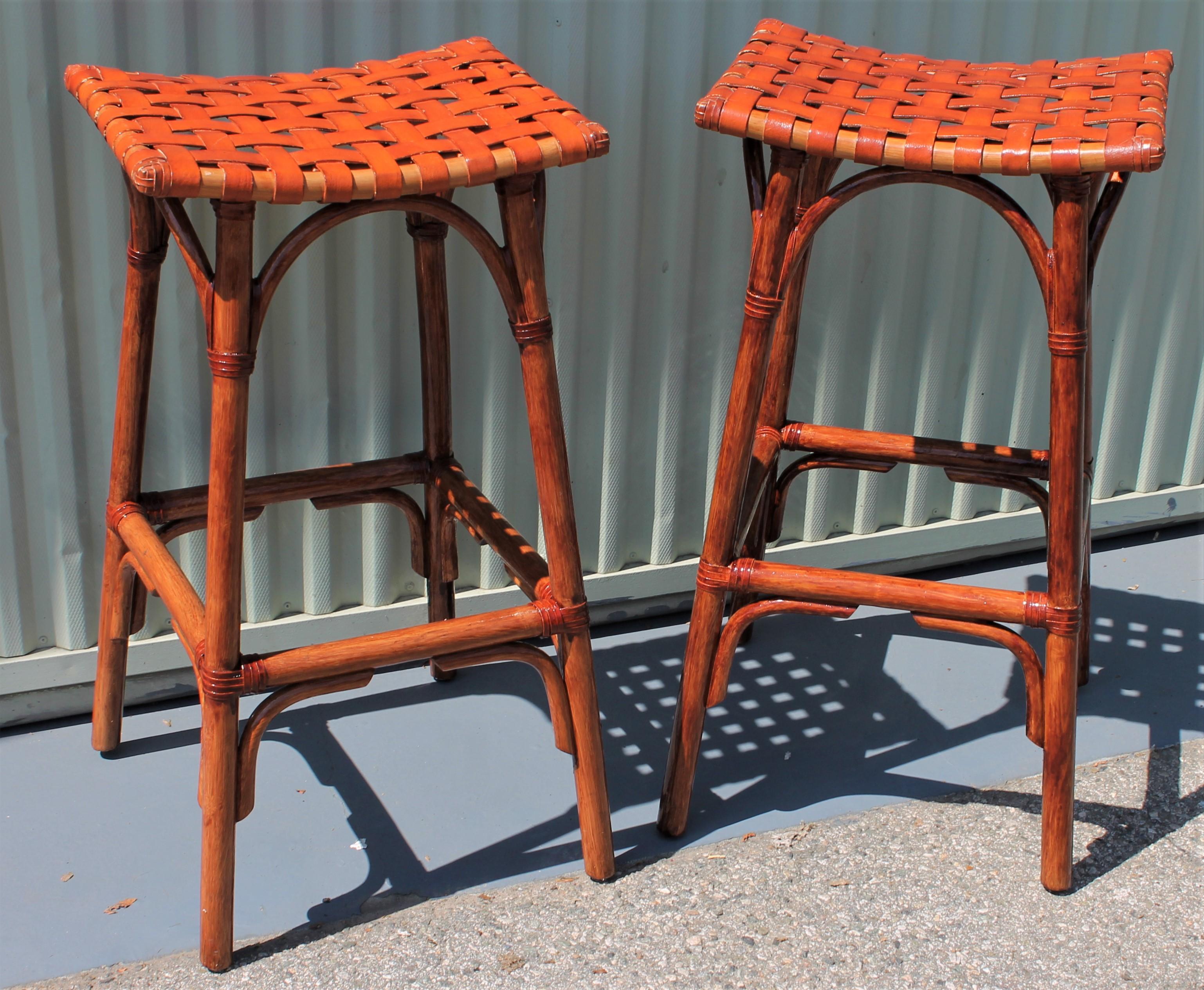 American Bamboo Bar Stools with Leather Seats, Pair