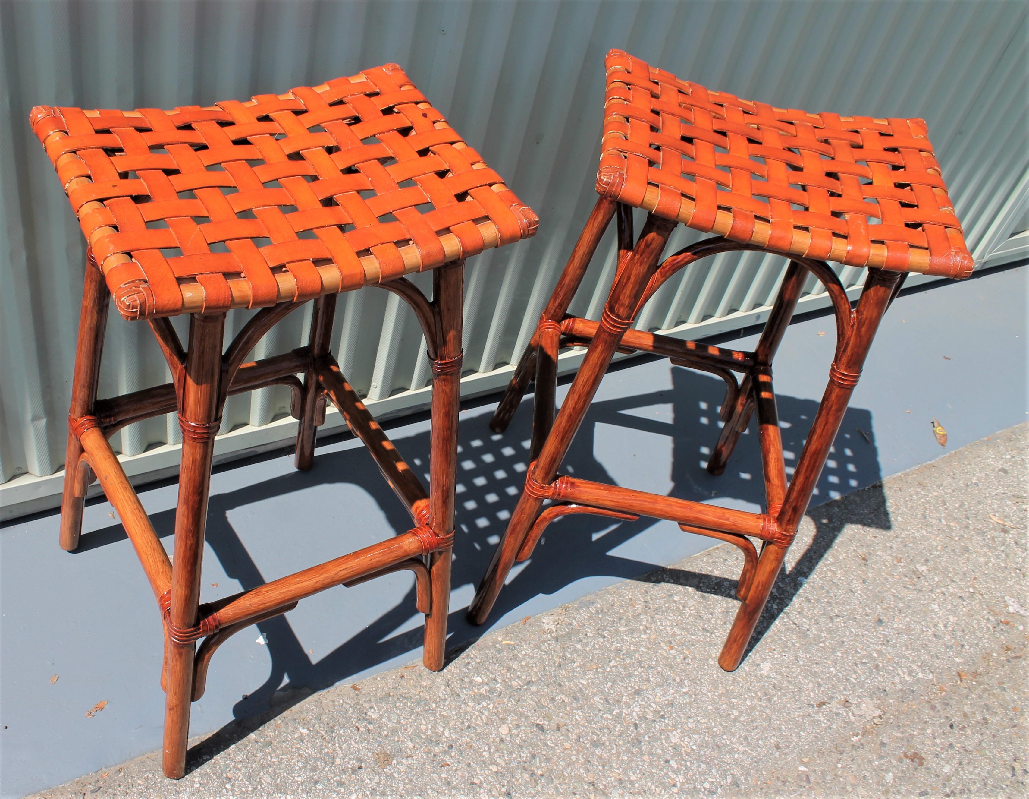 Hand-Crafted Bamboo Bar Stools with Leather Seats, Pair
