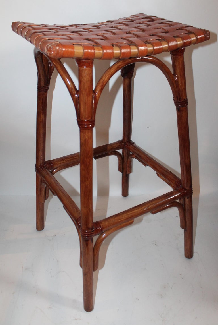 Bamboo Bar Stools with Leather Seats, Pair at 1stDibs