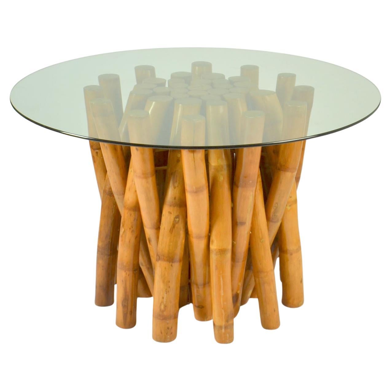 Bamboo Base Round Dining Table with Glass Top