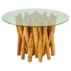 Retro Bamboo Base Round Dining Table with Glass Top