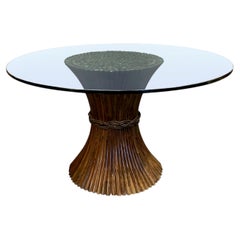 Bamboo Base Round Glass Top Dining Table, Italy, 1960s, Woven Braid Detail