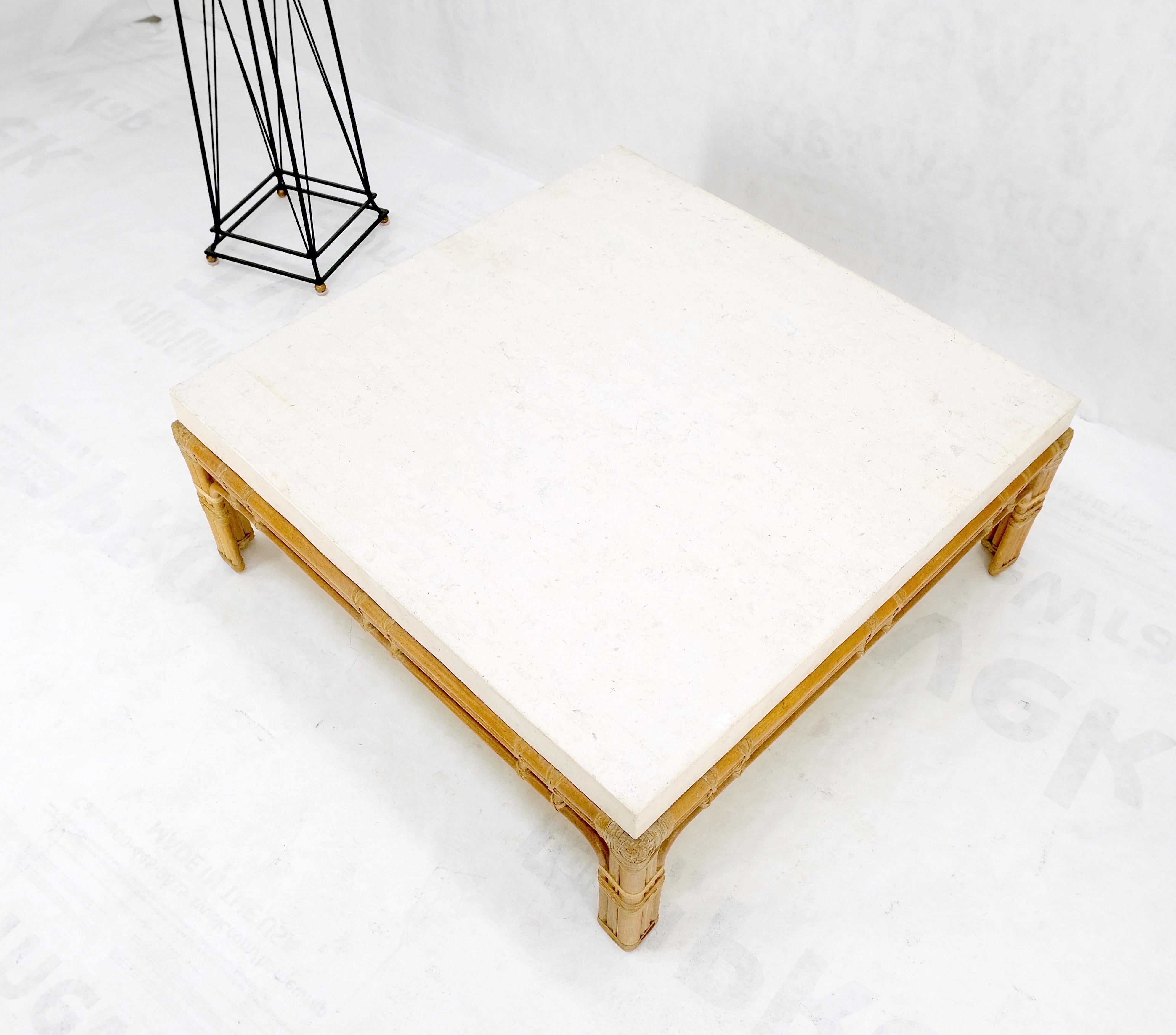 Bamboo base square white lime stone top Mid-Century Modern coffee table mint.