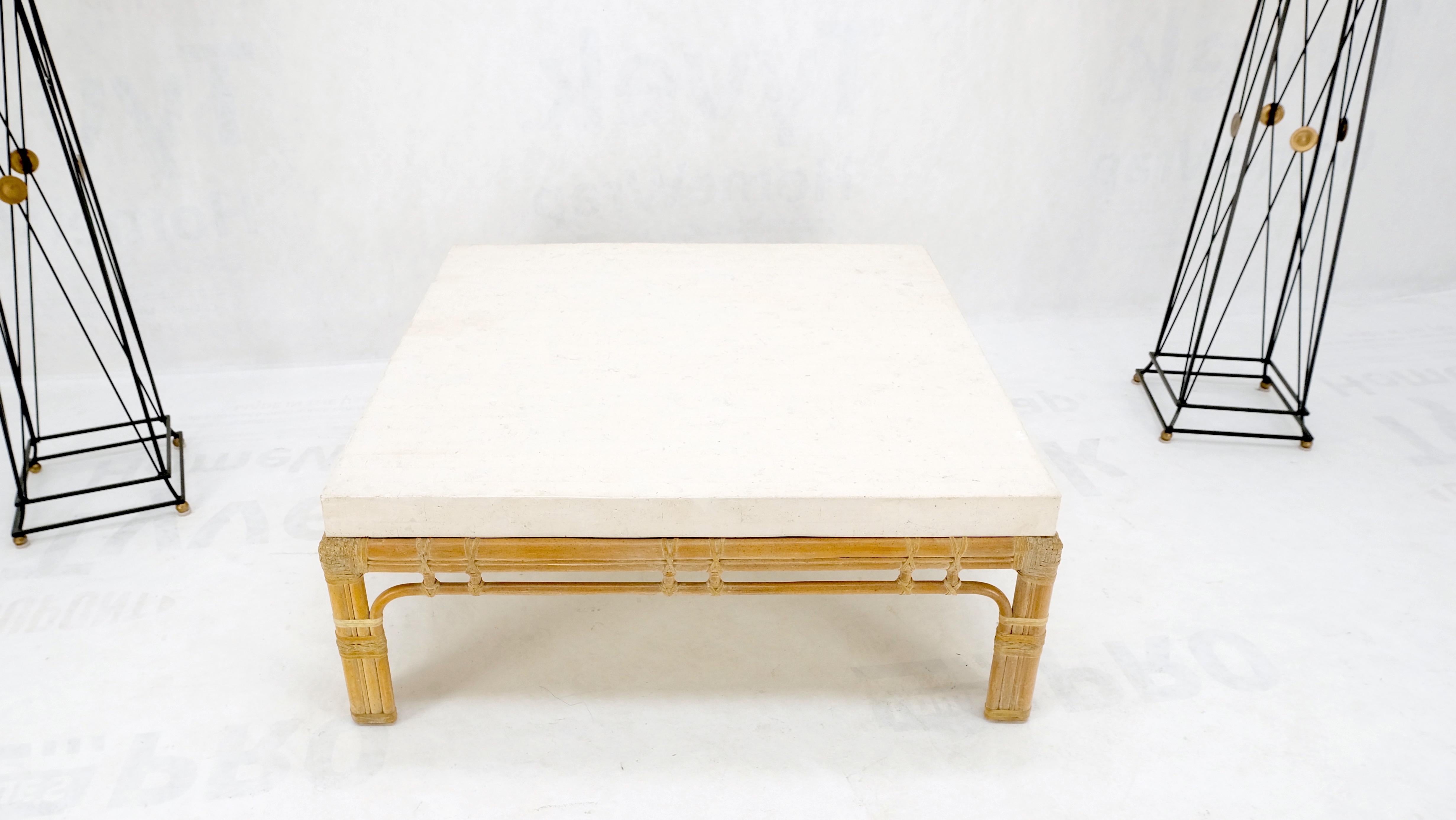 Bamboo Base Square White Lime Stone Top Mid-Century Modern Coffee Table Mint In Good Condition For Sale In Rockaway, NJ