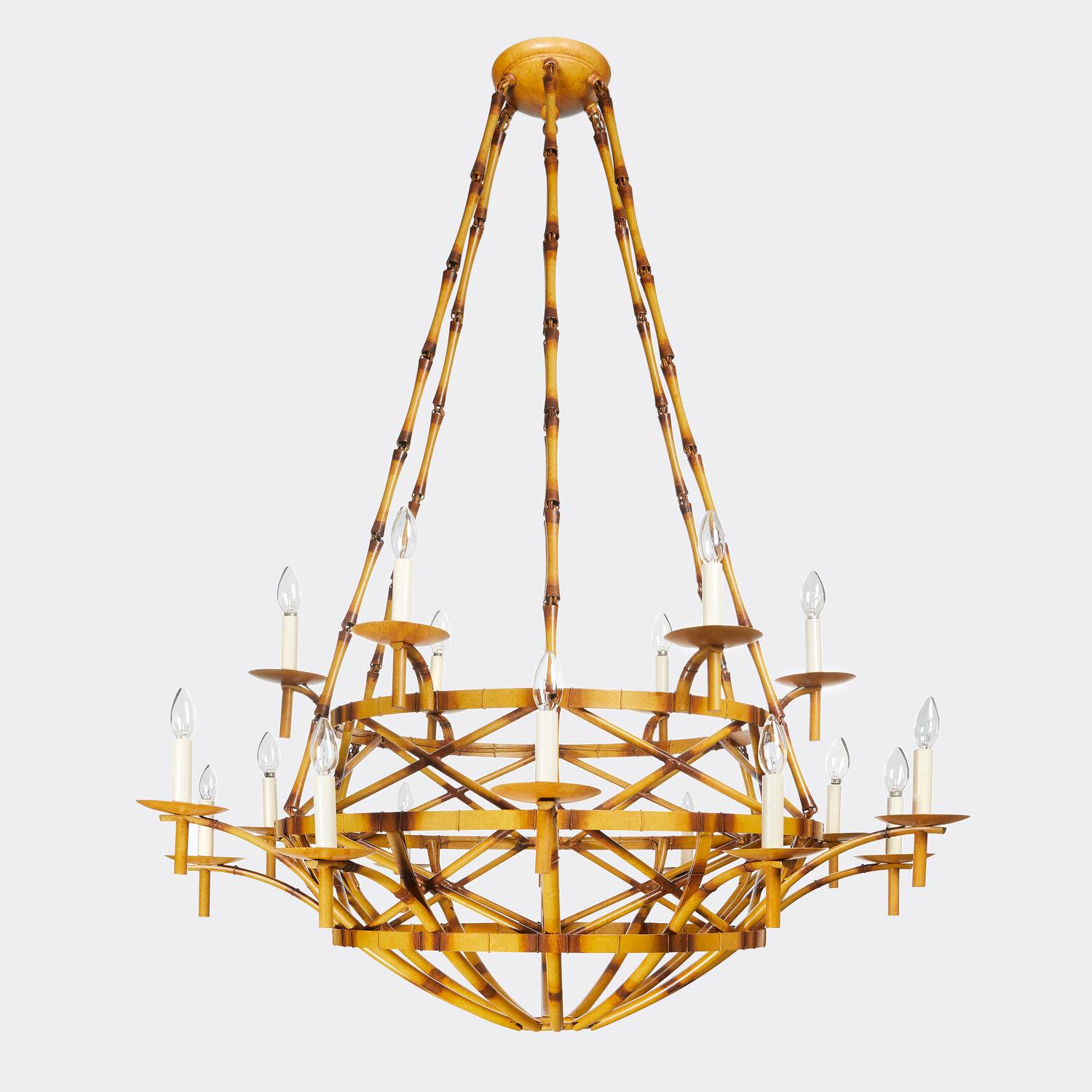 An 18-light brass basket-form chandelier with dish shaped bobeches, custom tapered chain links, and cross banded frame. All hand painted in an artistic faux bamboo finish. Any color of painted finish available, and available in a single-tiered