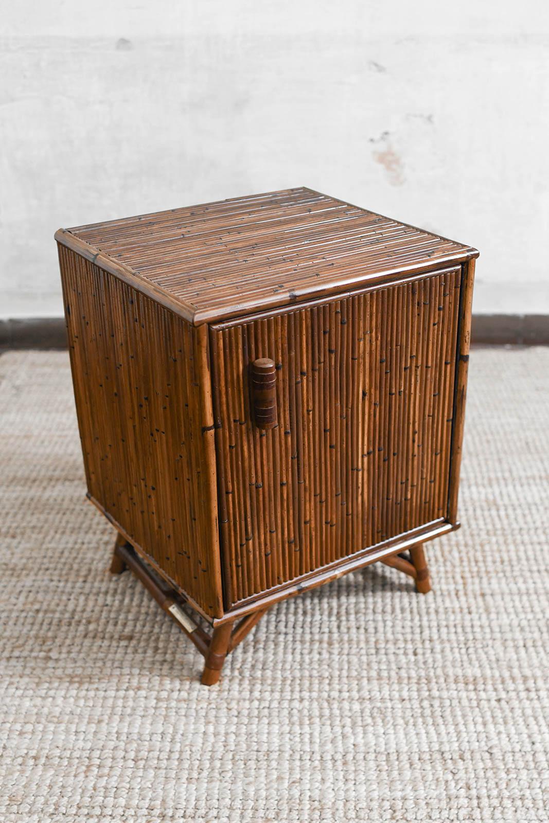 Italian Bamboo Bedside Table with Door and Leather Bindings For Sale