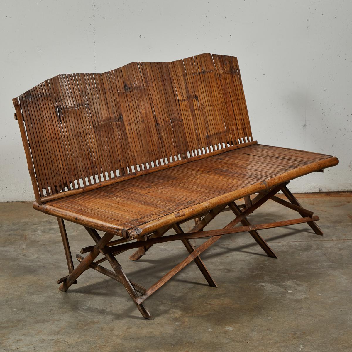 1920s English Bamboo Slatted Country Bench In Good Condition For Sale In Los Angeles, CA