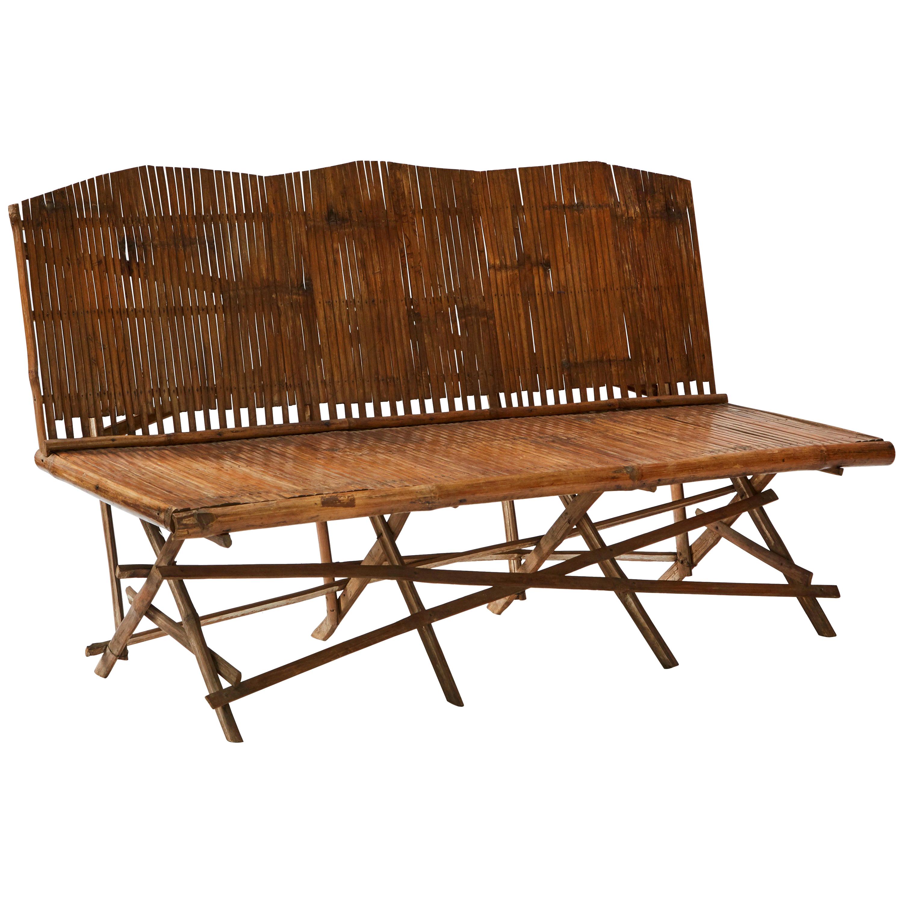 1920s English Bamboo Slatted Country Bench For Sale