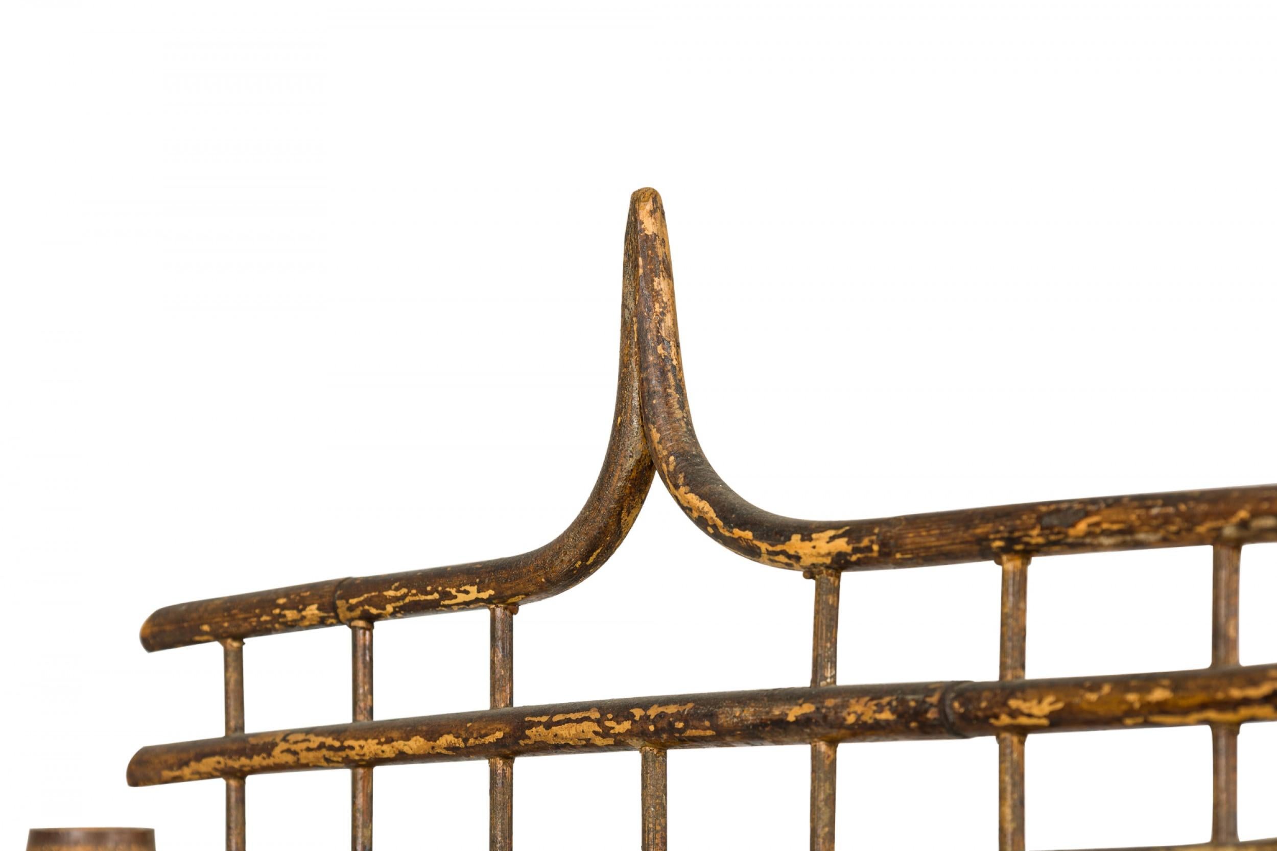 Bamboo (19/20th Century) bentwood standing hatrack and umbrella stand with a rectangular profile, a central diamond-shaped mirror surrounded by decorative bamboo lattice and four turned wooden hat pegs above a lower open frame umbrella compartment