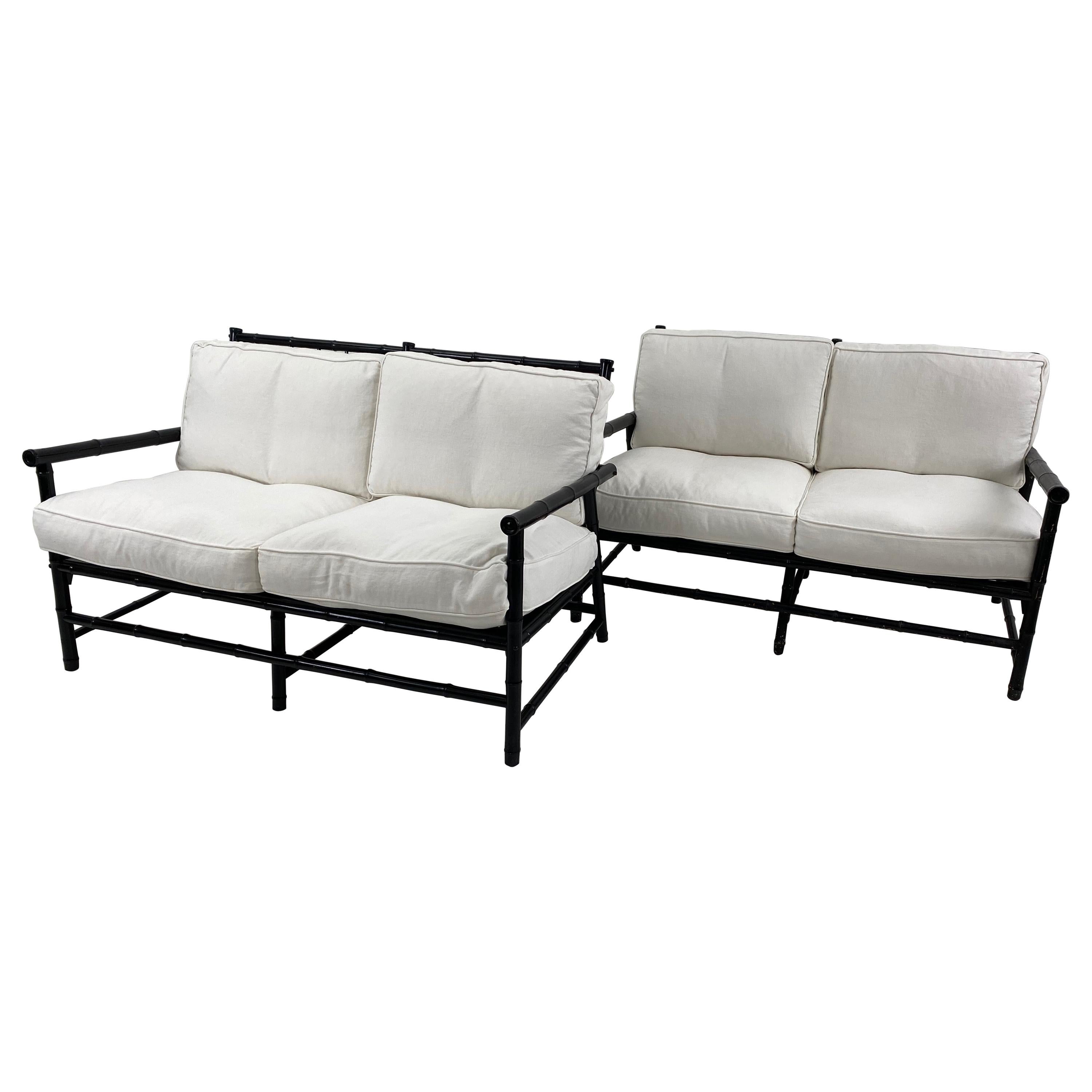 Pair of Vintage Bamboo Black Settees with New Upholstery, France, 1960