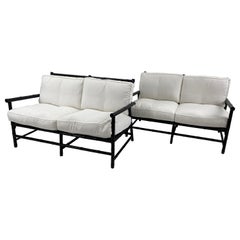 Pair of Vintage Bamboo Black Settees with New Upholstery,France,1960