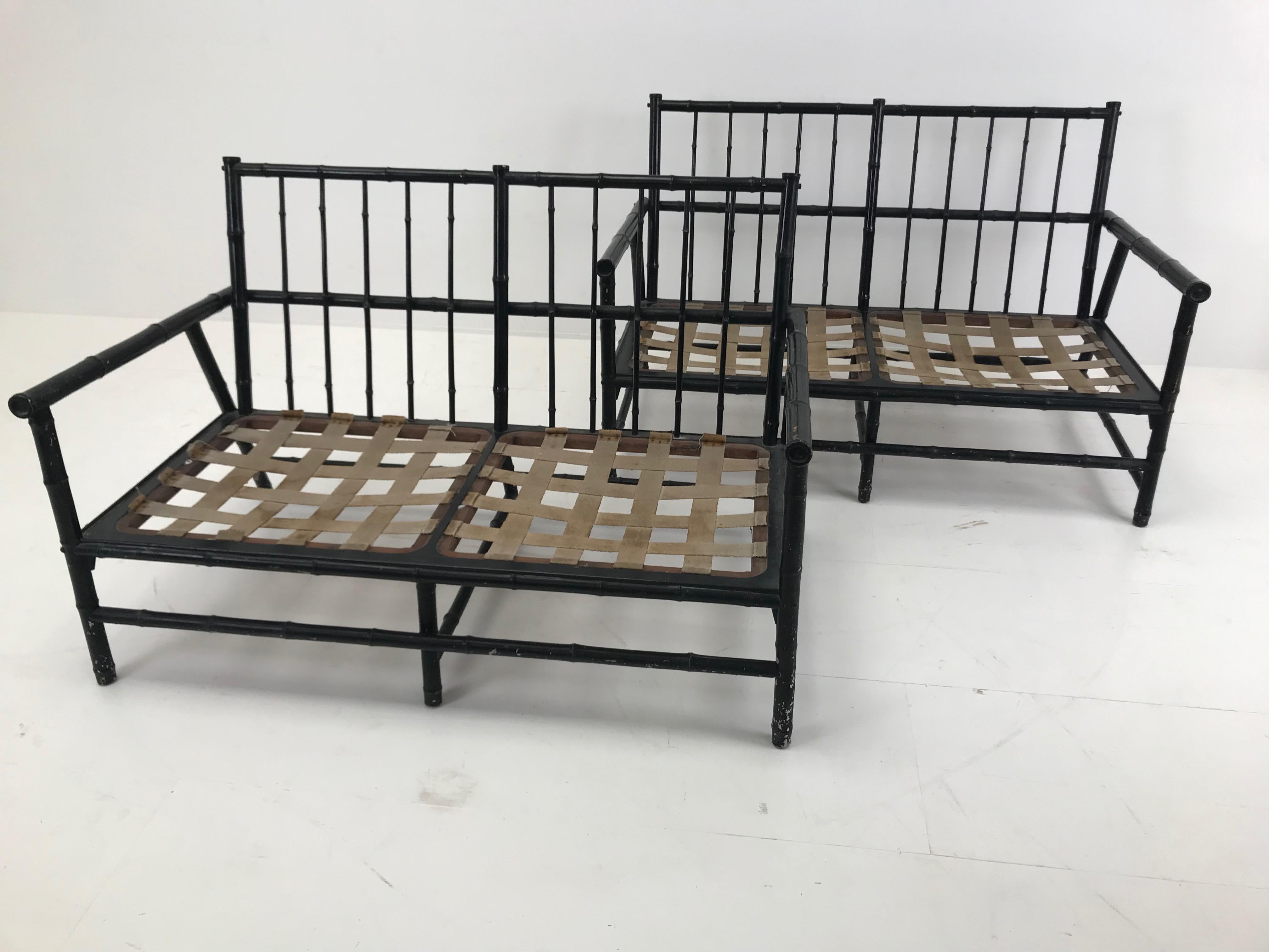 Pair of Vintage Bamboo Black Settees with New Upholstery, France, 1960 4