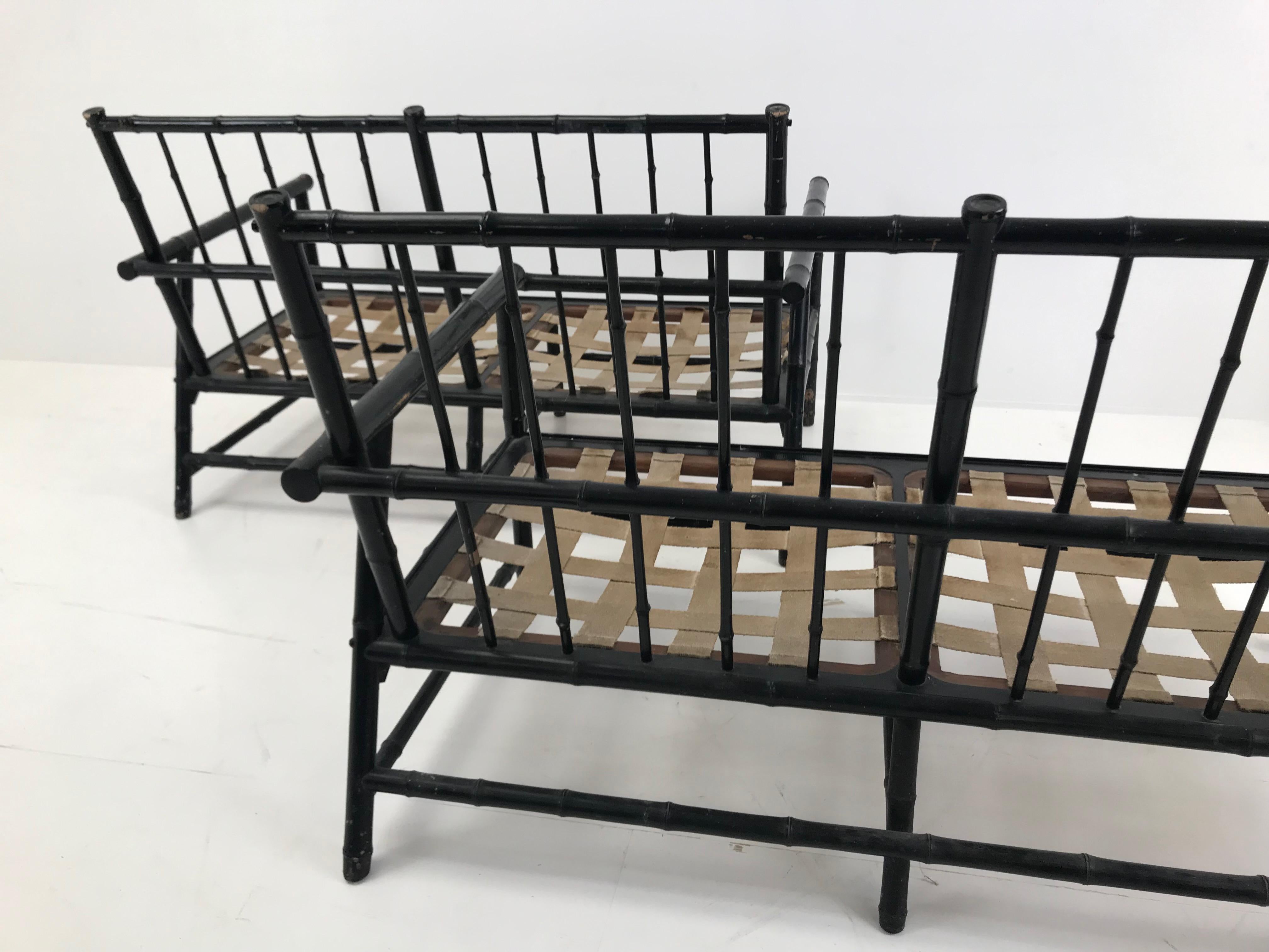 Pair of Vintage Bamboo Black Settees with New Upholstery, France, 1960 For Sale 7