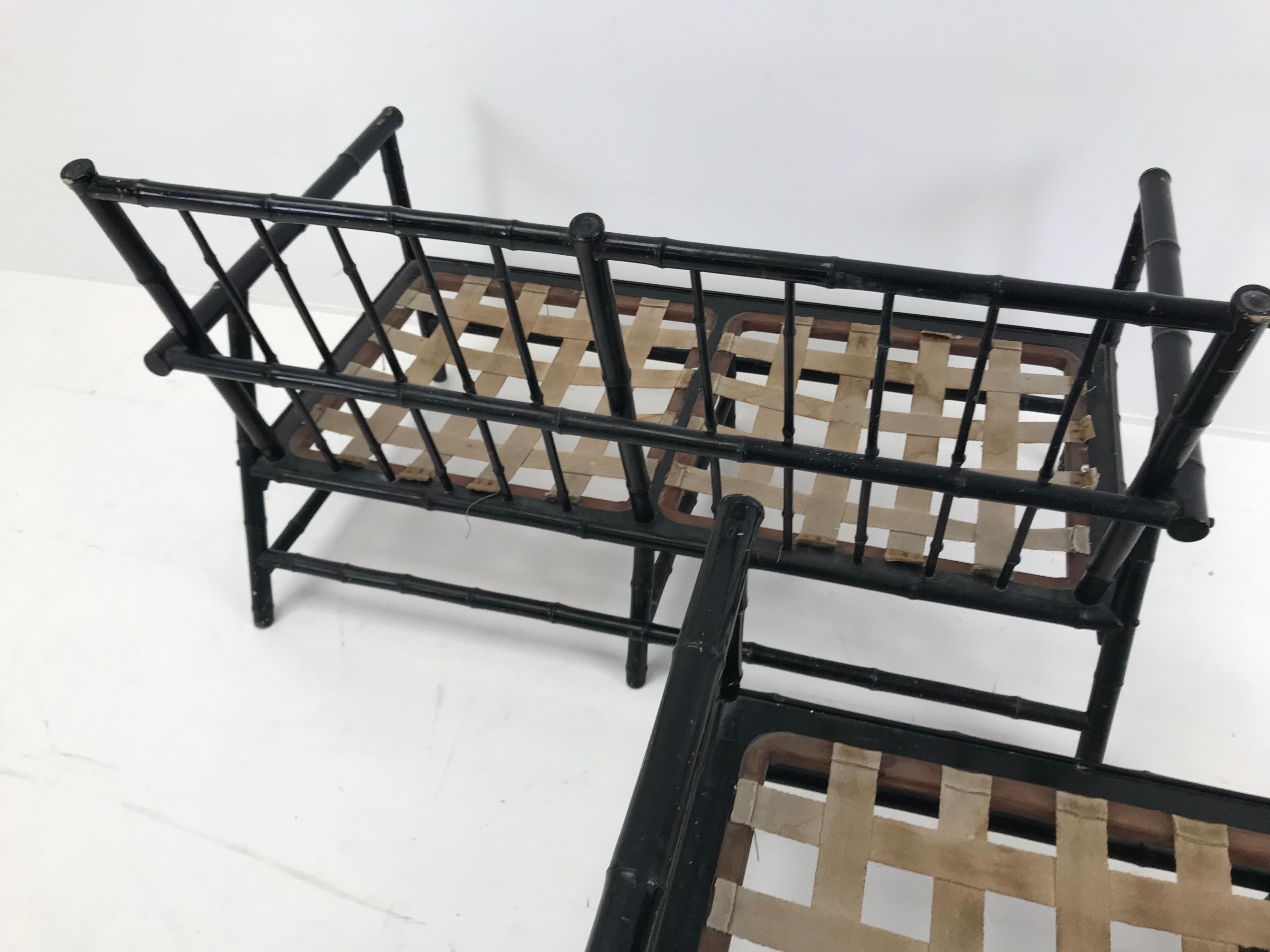 Pair of Vintage Bamboo Black Settees with New Upholstery, France, 1960 For Sale 8