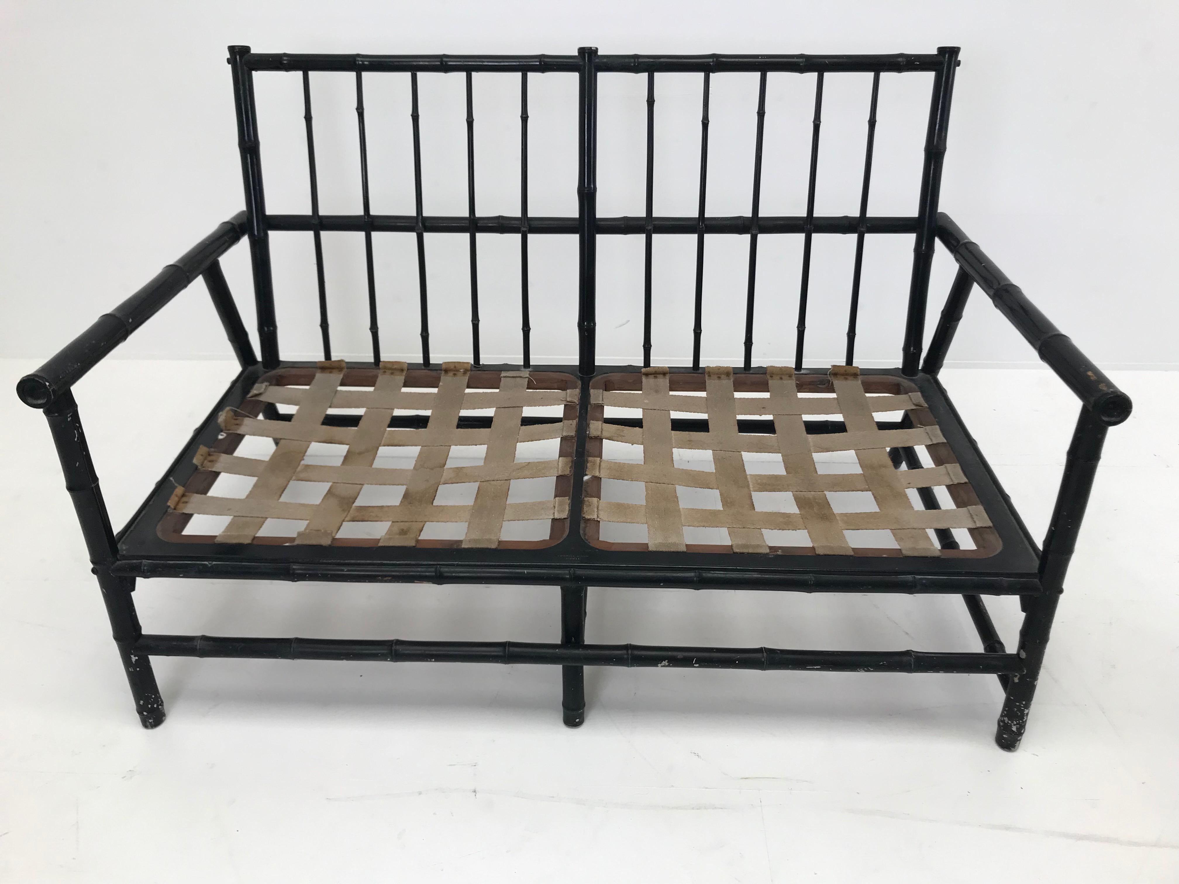 Pair of Vintage Bamboo Black Settees with New Upholstery, France, 1960 For Sale 9