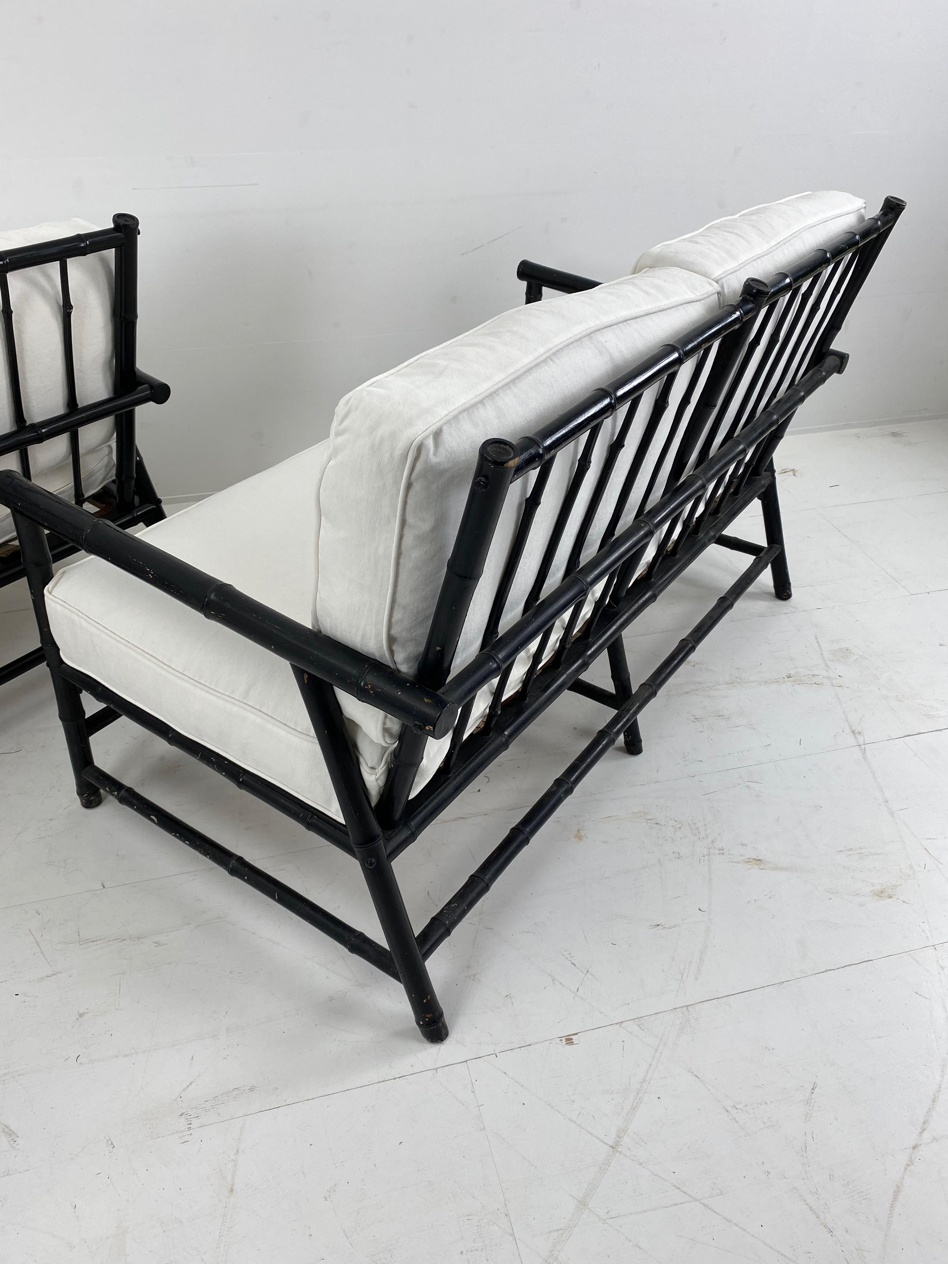 Pair of Vintage Bamboo Black Settees with New Upholstery, France, 1960 For Sale 11