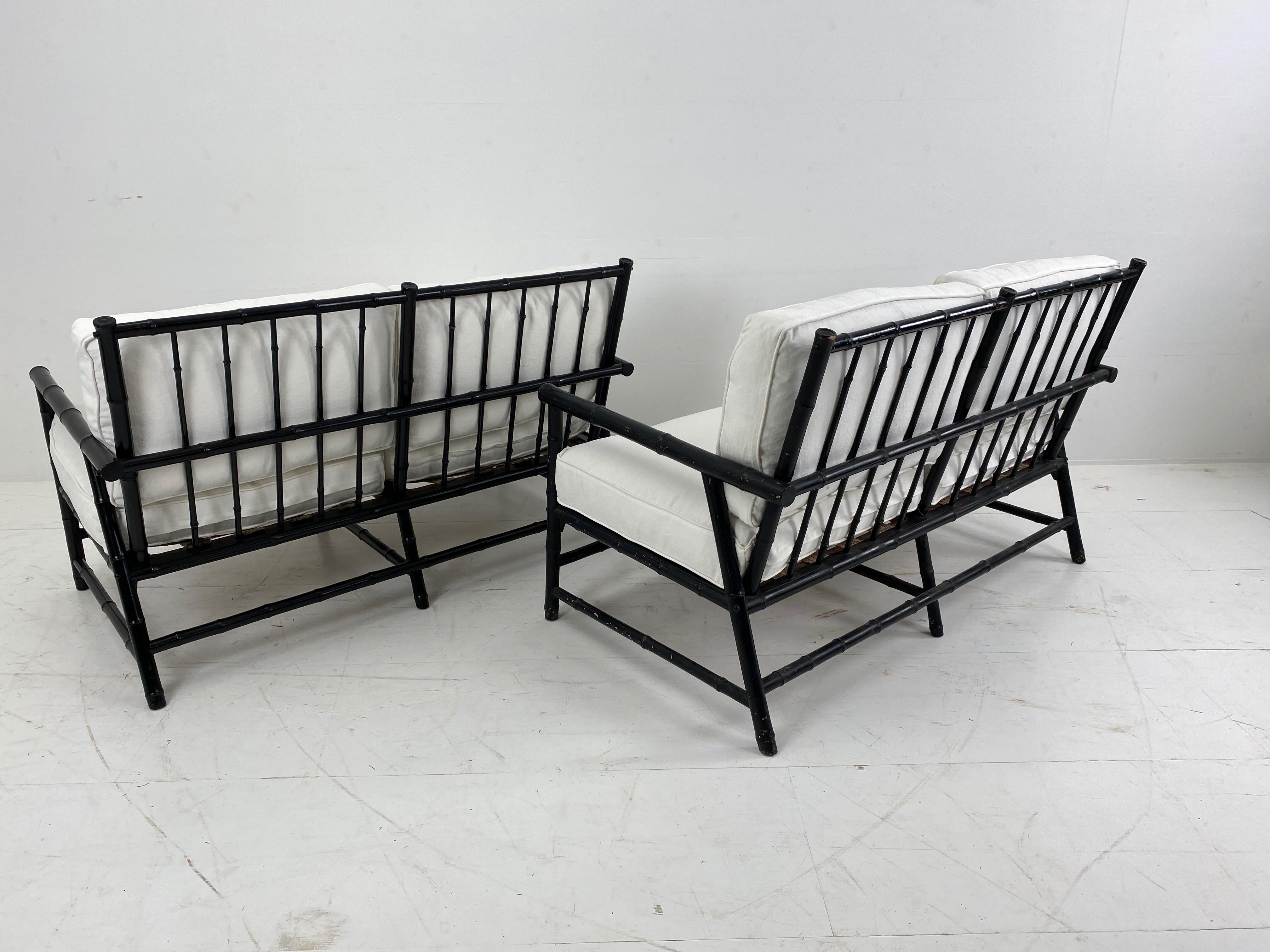 Pair of Vintage Bamboo Black Settees with New Upholstery, France, 1960 For Sale 12