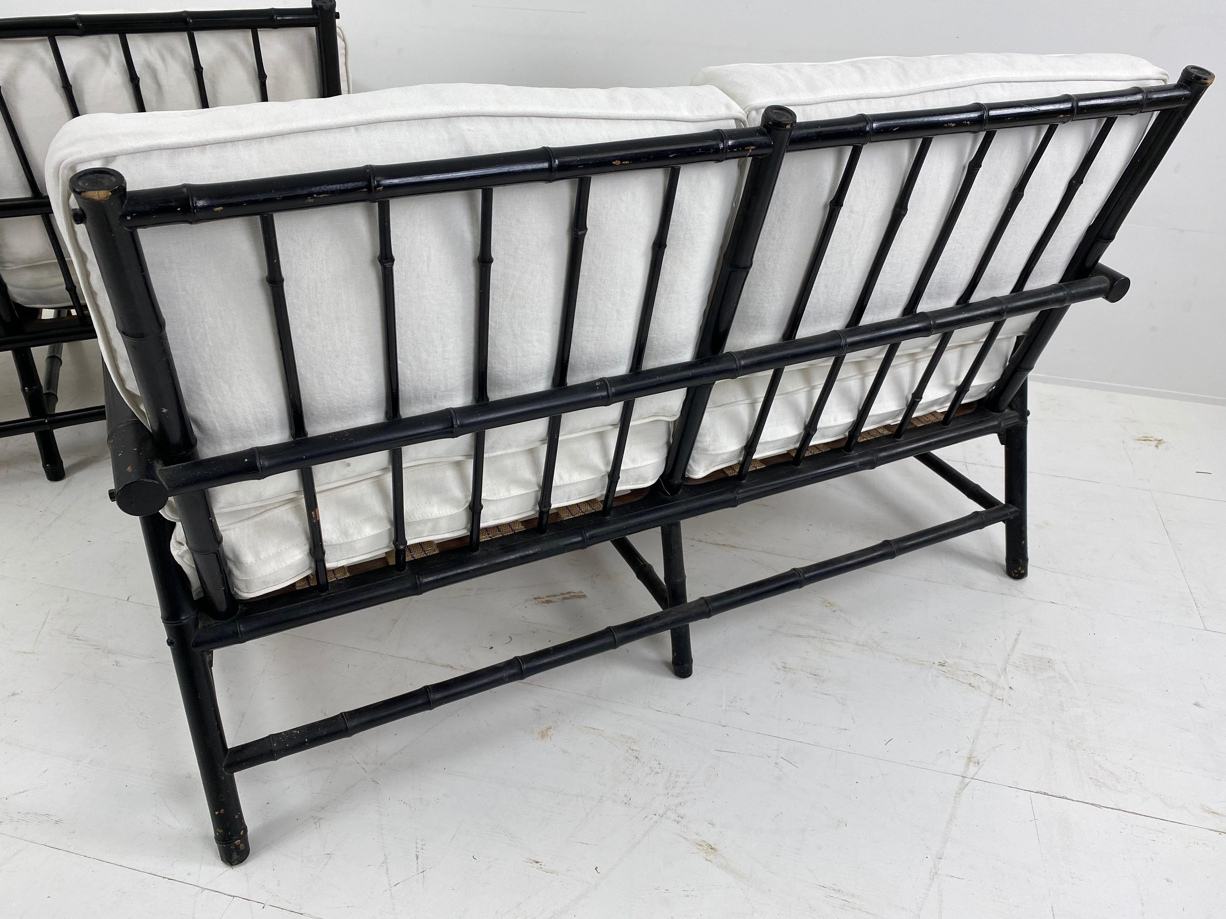 Pair of Vintage Bamboo Black Settees with New Upholstery, France, 1960 For Sale 13