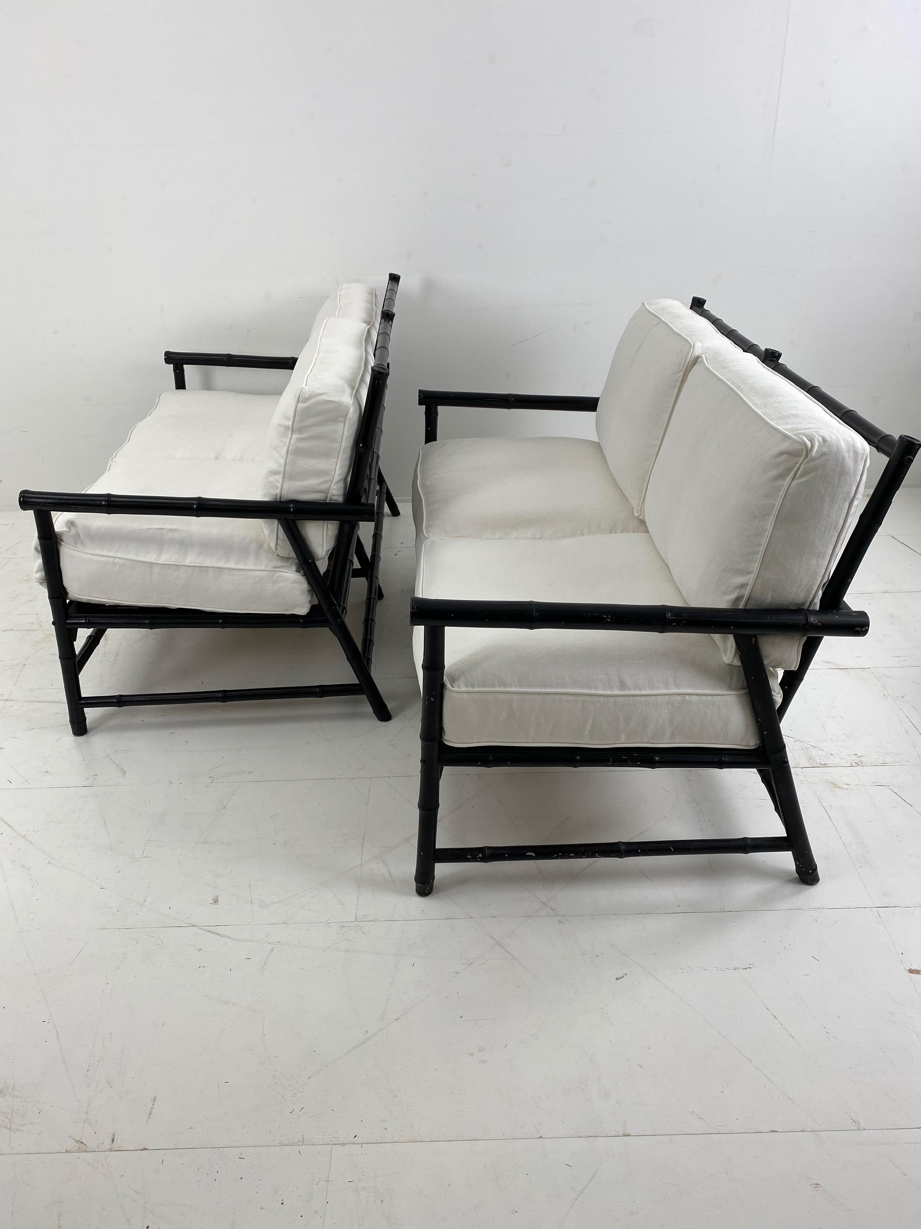 Exceptional Black Bamboo Settee pair, 2-seater,
new upholstered Cushions,very comfortable seating,
France, 1950s
Stamped Maurice Lauer, Cogolin, South Of France.
quality Vintage furniture