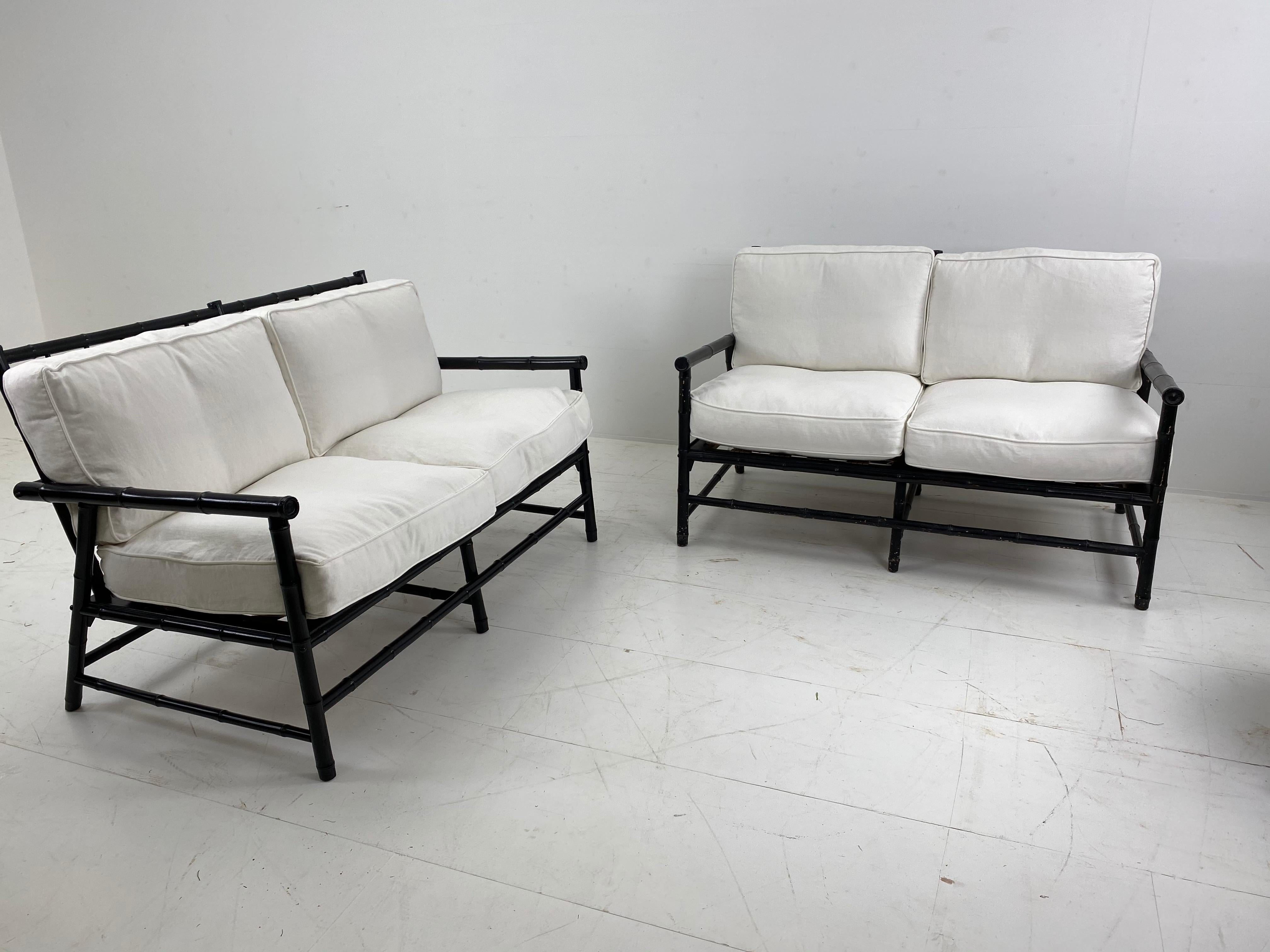 Painted Pair of Vintage Bamboo Black Settees with New Upholstery, France, 1960