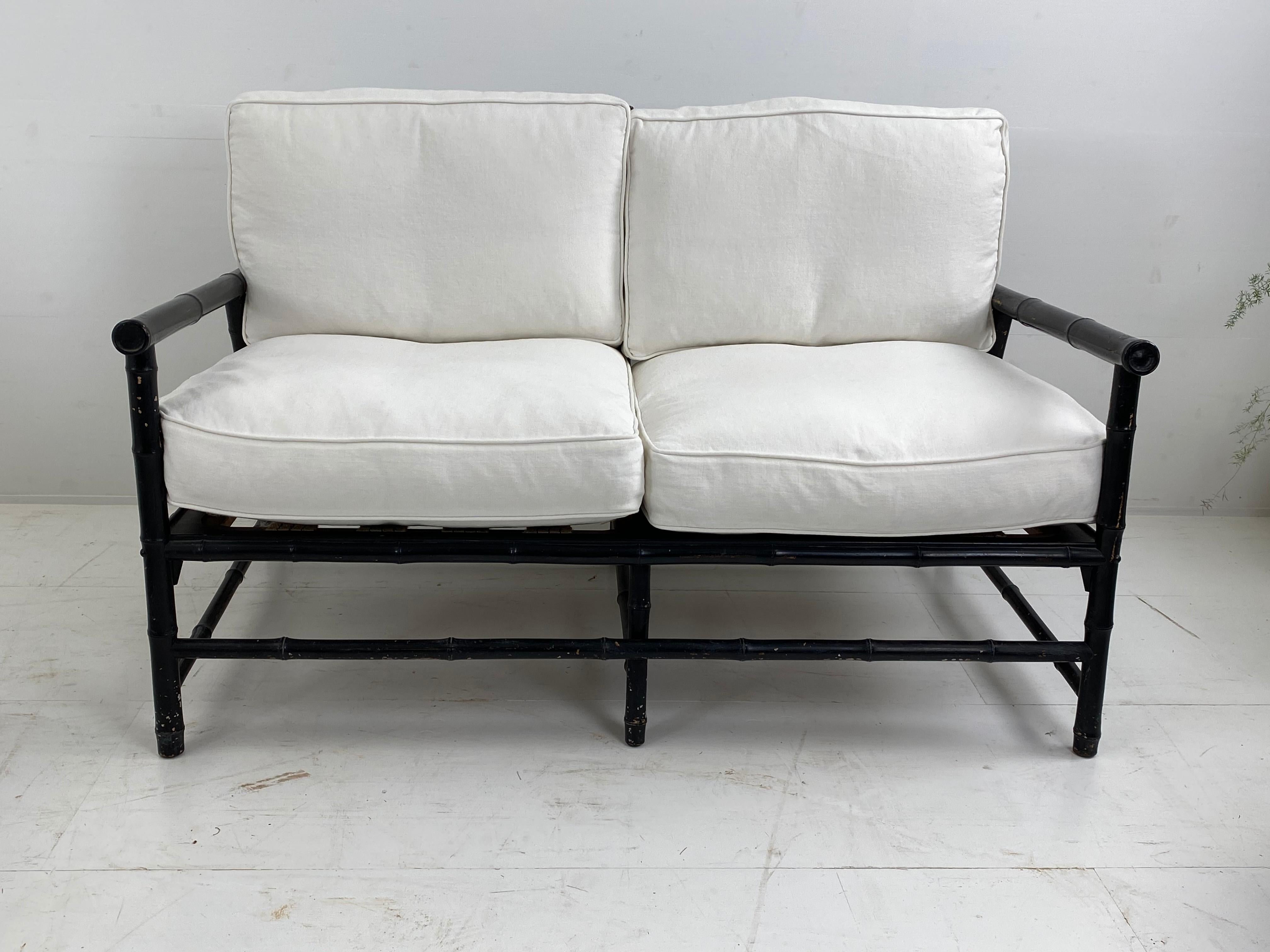 Pair of Vintage Bamboo Black Settees with New Upholstery, France, 1960 In Good Condition For Sale In Schellebelle, BE