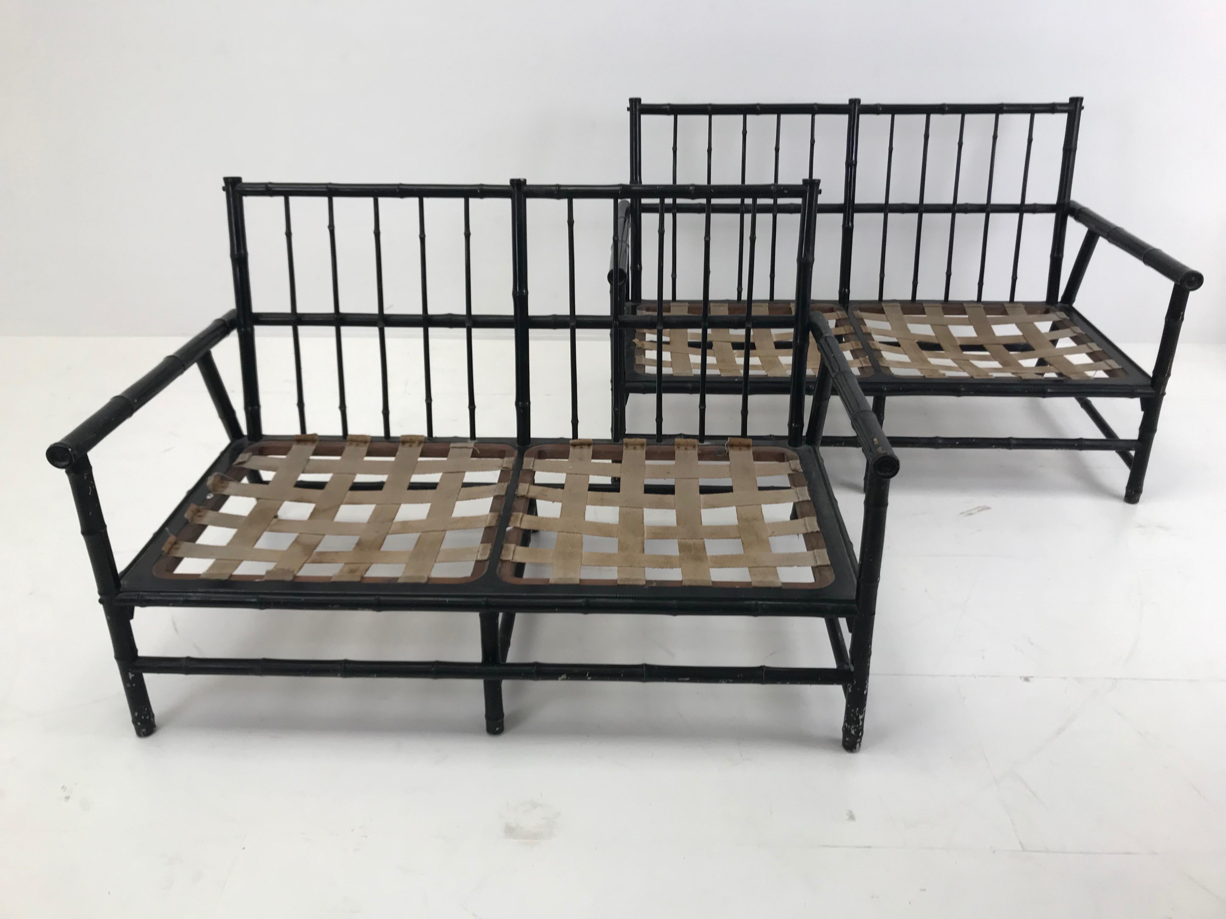 Mid-20th Century Pair of Vintage Bamboo Black Settees with New Upholstery, France, 1960 For Sale