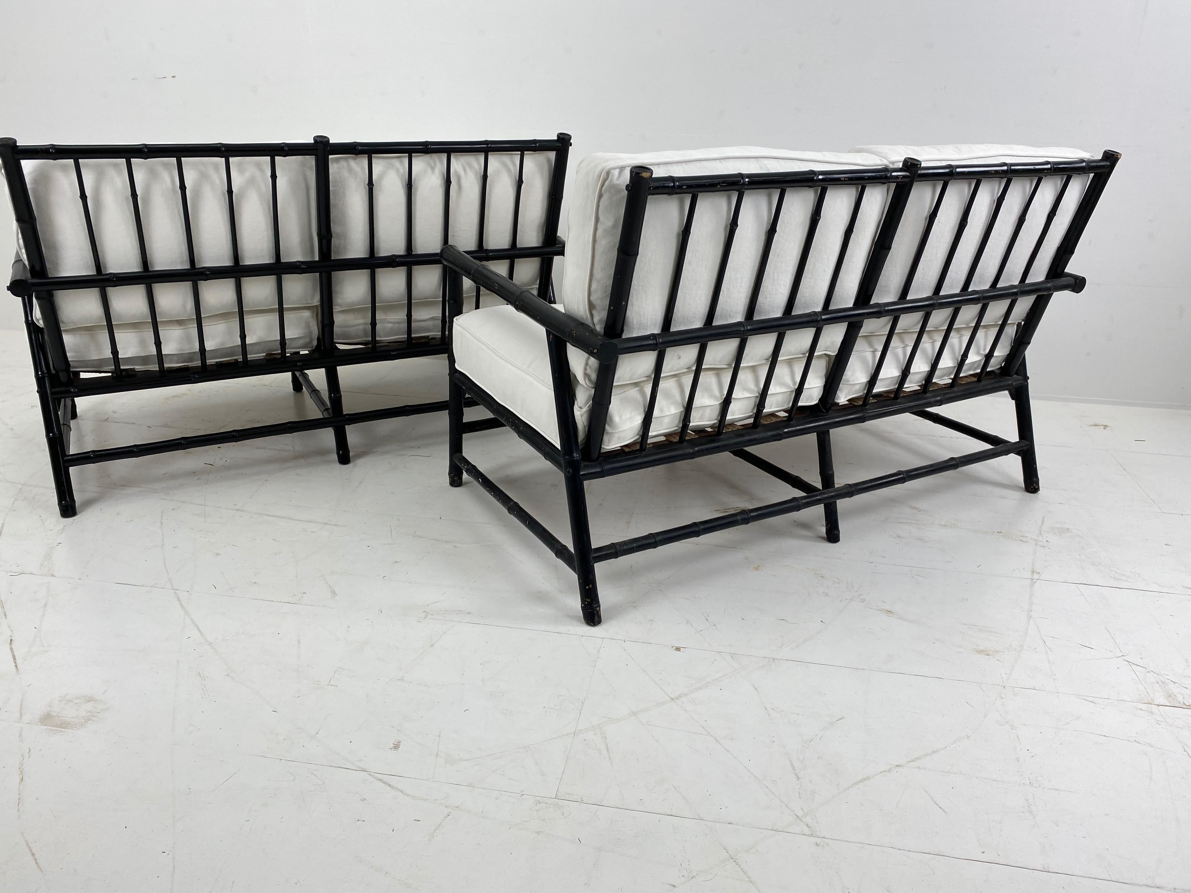 Pair of Vintage Bamboo Black Settees with New Upholstery, France, 1960 1