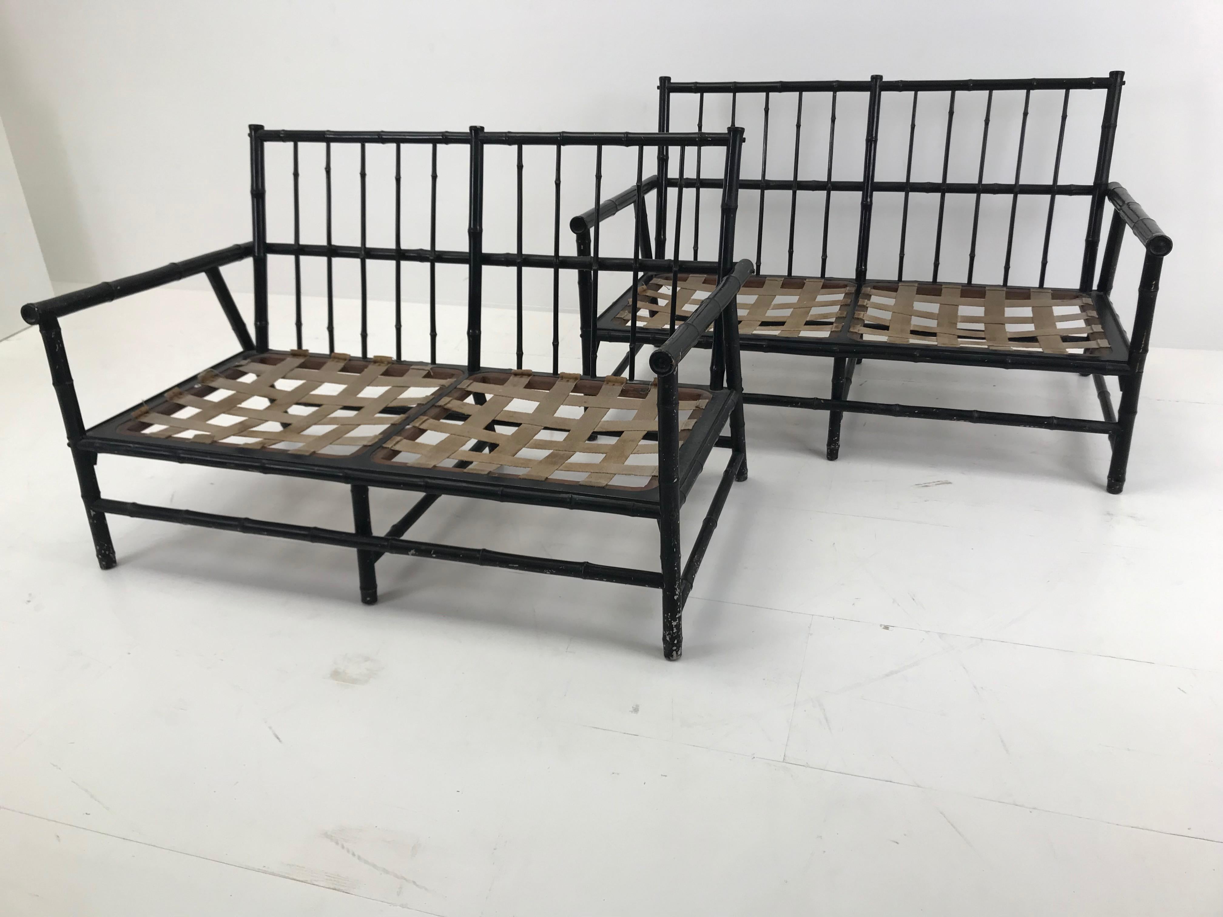 Pair of Vintage Bamboo Black Settees with New Upholstery, France, 1960 3