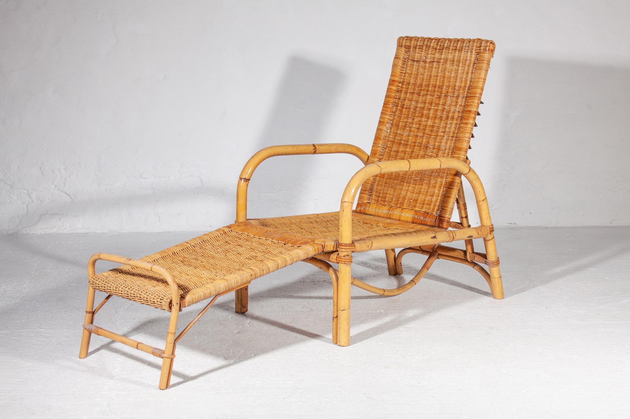 Easy Chair aus Bambus und Boho-Rattan für Ihre Terrasse, 1960er Jahre, Italien, mit Fußhocker (Moderne der Mitte des Jahrhunderts) im Angebot