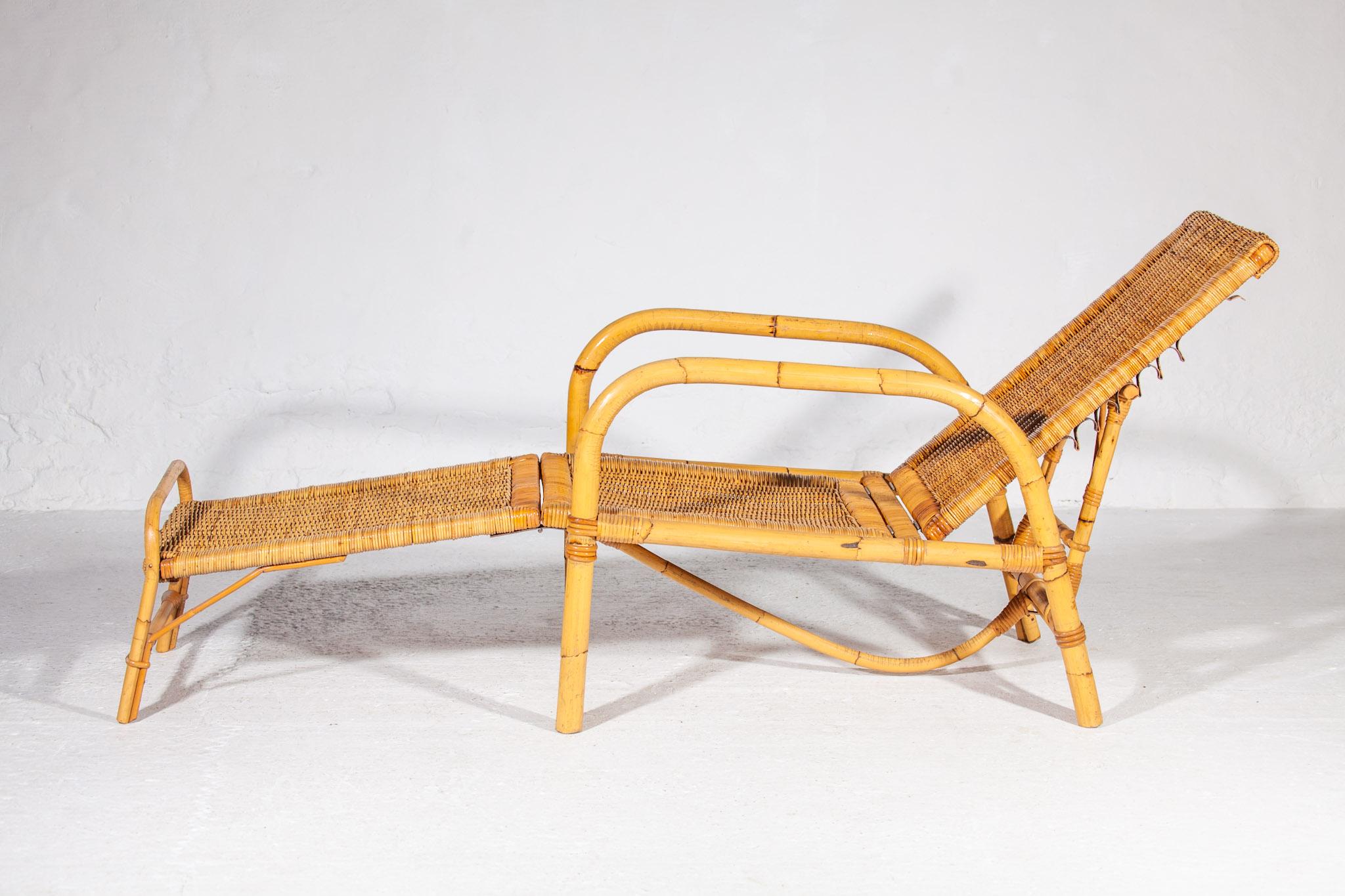 Easy Chair aus Bambus und Boho-Rattan für Ihre Terrasse, 1960er Jahre, Italien, mit Fußhocker (Italienisch) im Angebot