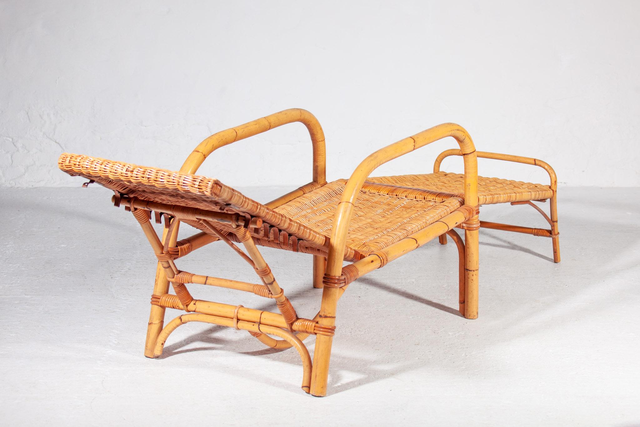 Mid-Century Modern Bamboo Boho Rattan Easy Chair for your Patio, 1960s Italy, with Foot Stool For Sale