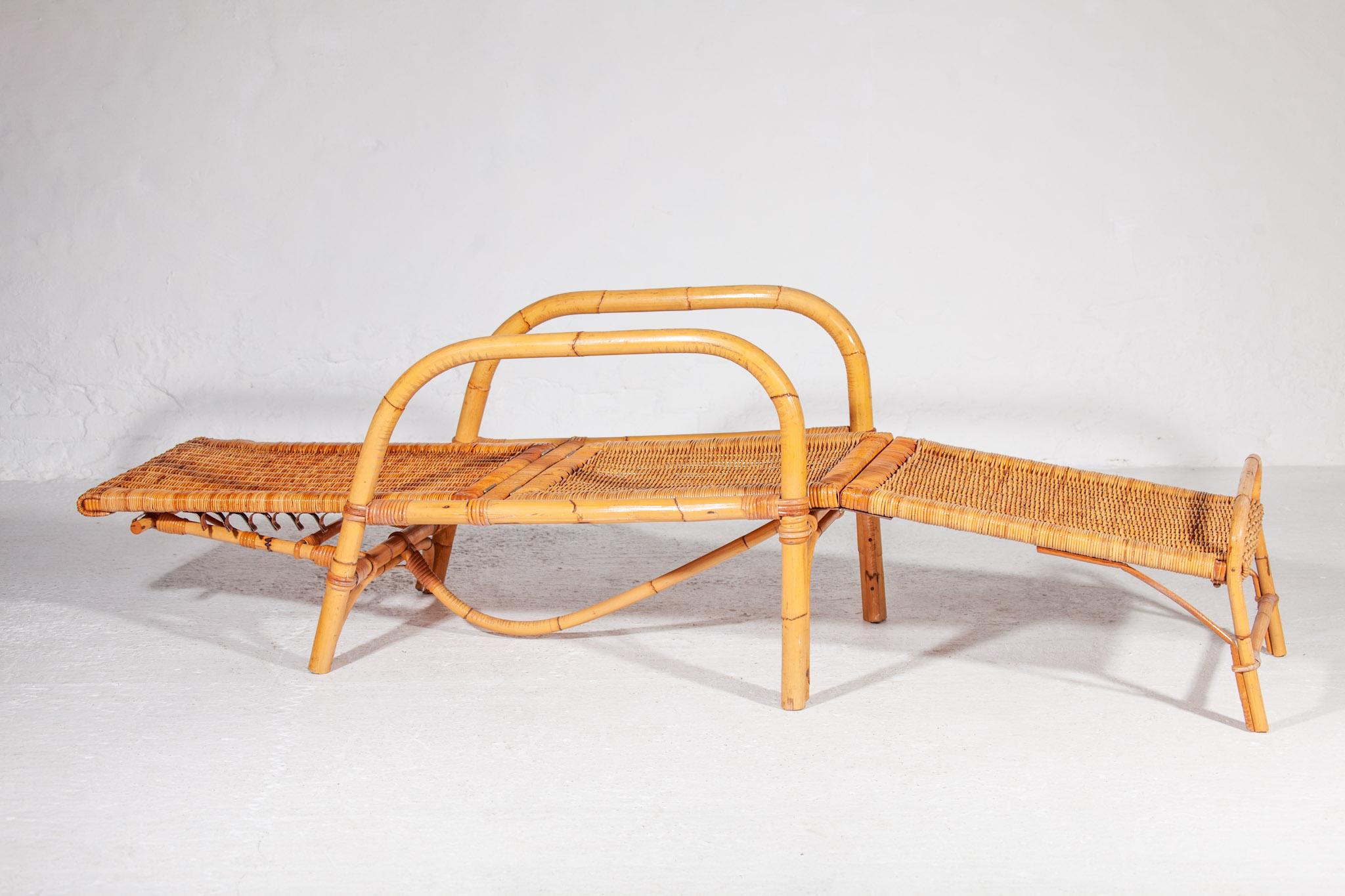 Italian Bamboo Boho Rattan Easy Chair for your Patio, 1960s Italy, with Foot Stool For Sale