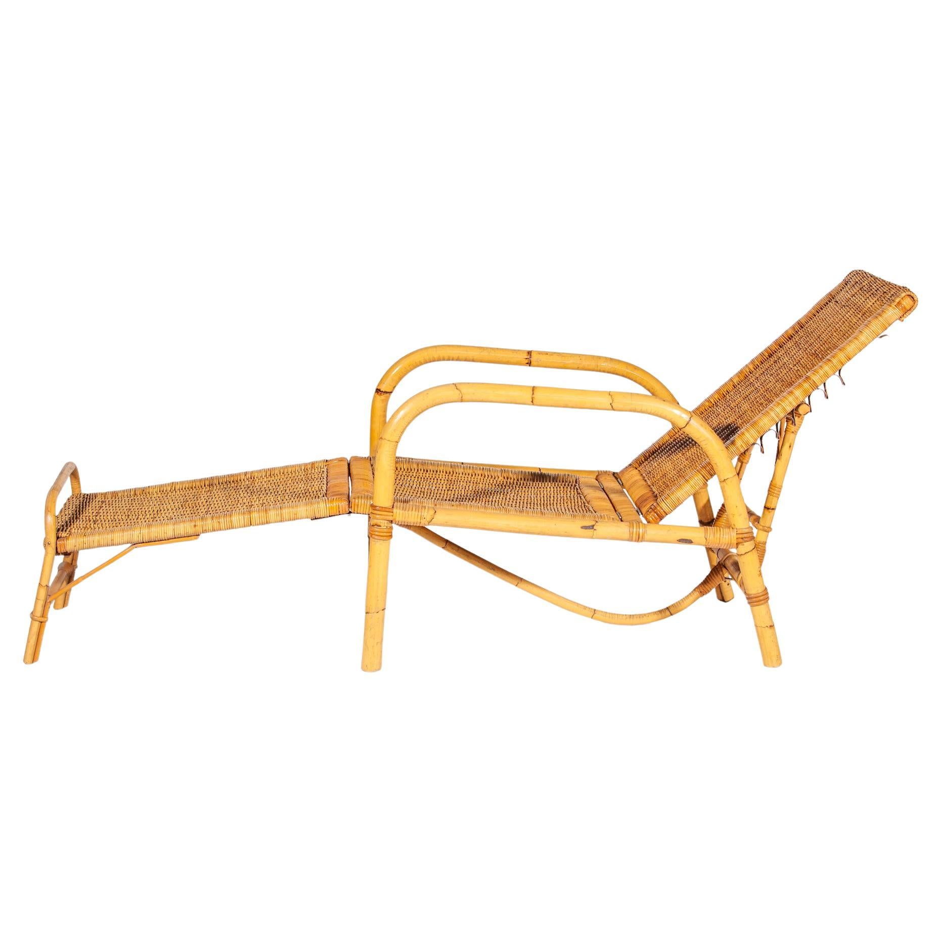 Fauteuil en bambou Boho et rotin pour votre patio, années 1960, Italie, avec tabouret à pieds en vente