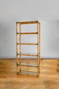 Bamboo bookcase with brass details and glass shelves, 1980s