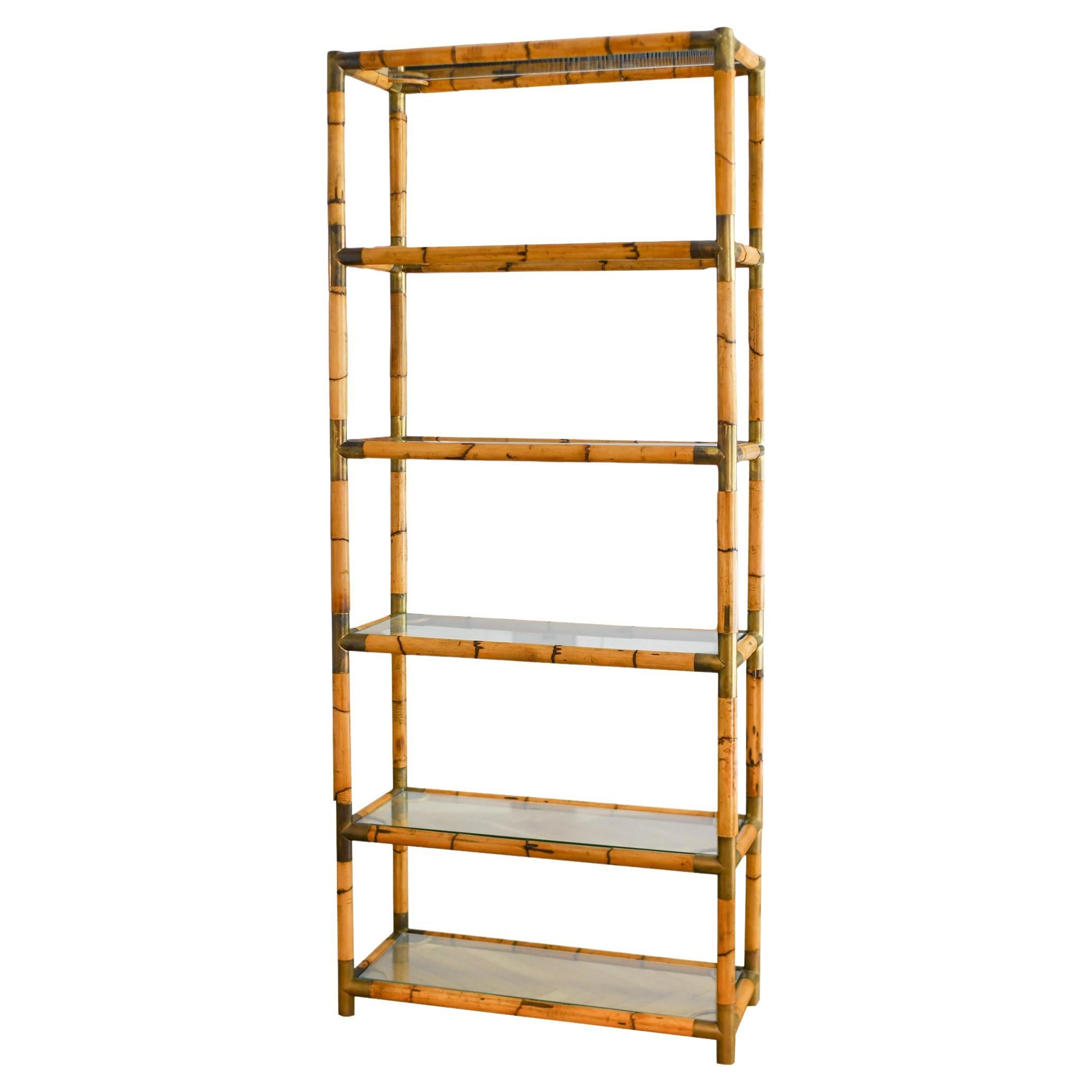 Bamboo bookcase with brass details and glass shelves, 1980s For Sale