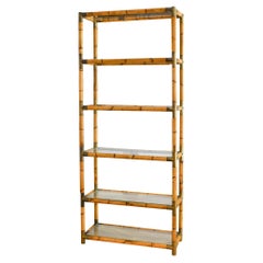 Bamboo bookcase with brass details and glass shelves, 1980s