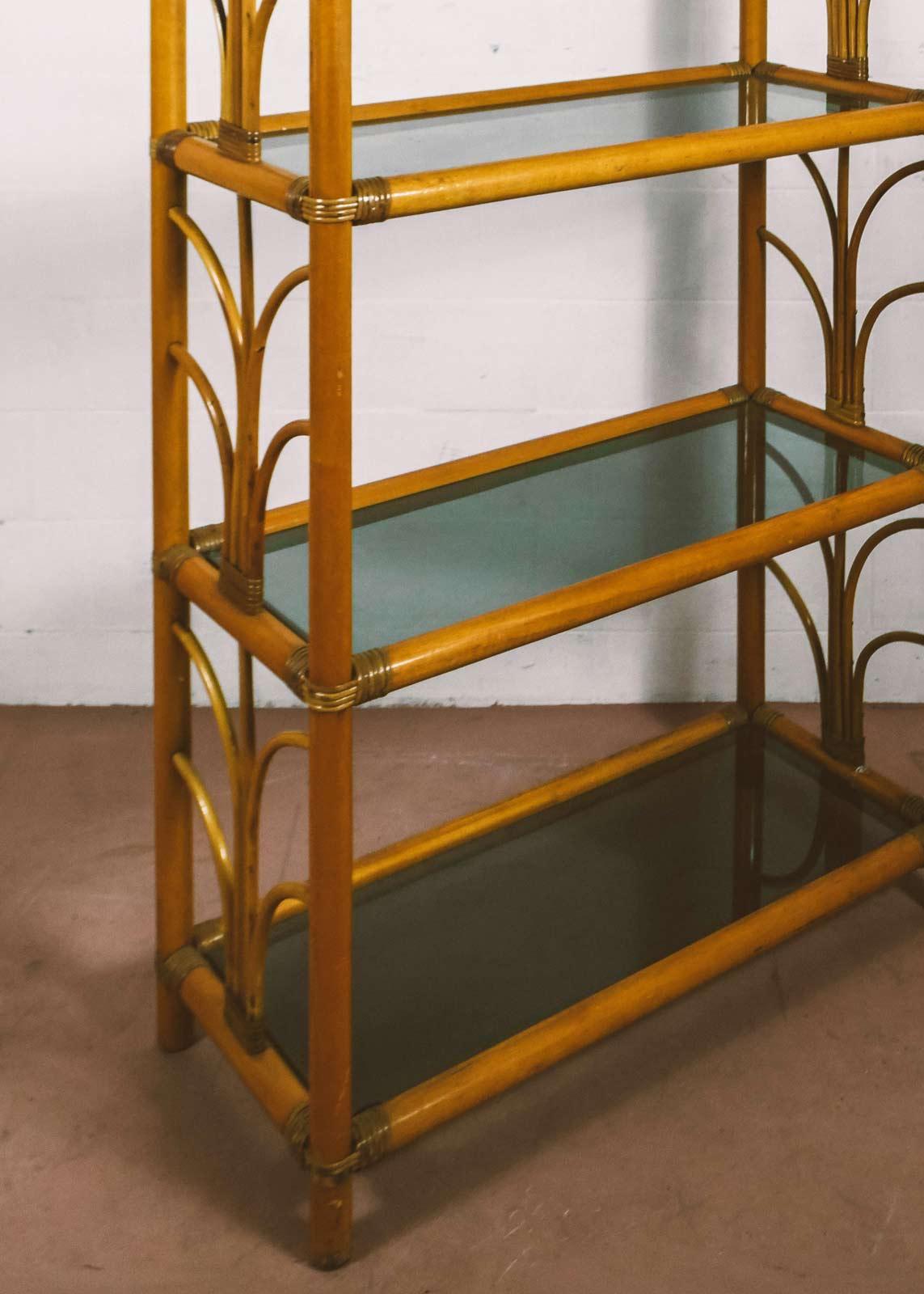 Italian Bamboo bookcase with glass shelves, 1980s For Sale
